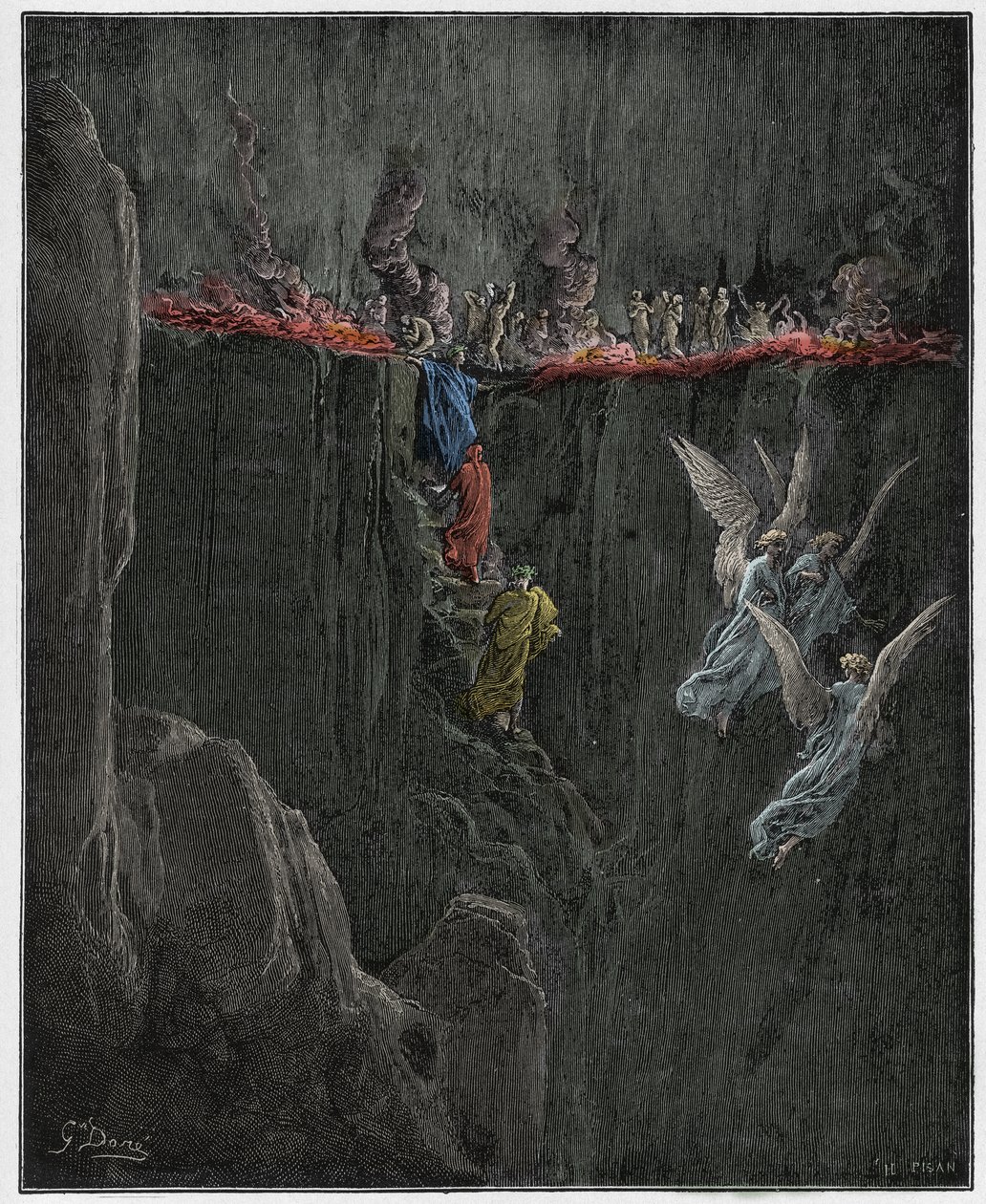 Purgatorio ، كانتو 25: فيرجيل ودانتي يصعدان إلى الدائرة السابعة من خلال اللهب ، التوضيح من الكوميديا الإلهية بواسطة دانتي أليغييري ، 1885 (نقش ملون رقميًا) بواسطة غوستاف بعد دوري