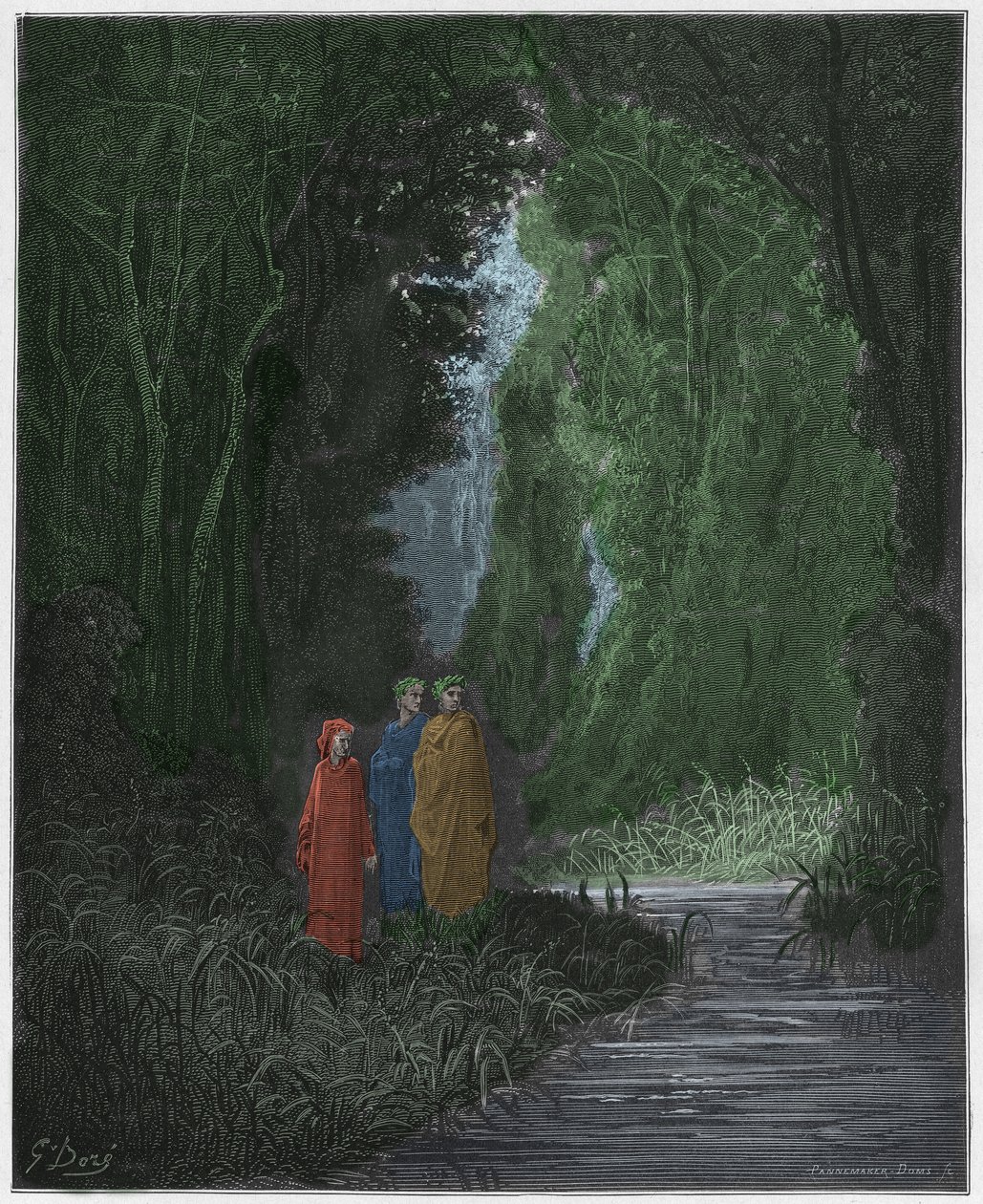 Purgatorio، Canto 28: Dante، Virgil، and Statius (Stace) في الغابة القديمة في الجنة الأرضية ، توضيح من الكوميديا الإلهية بواسطة Dante Alighieri ، 1885 (نقش ملون رقميًا) بواسطة غوستاف بعد دوري
