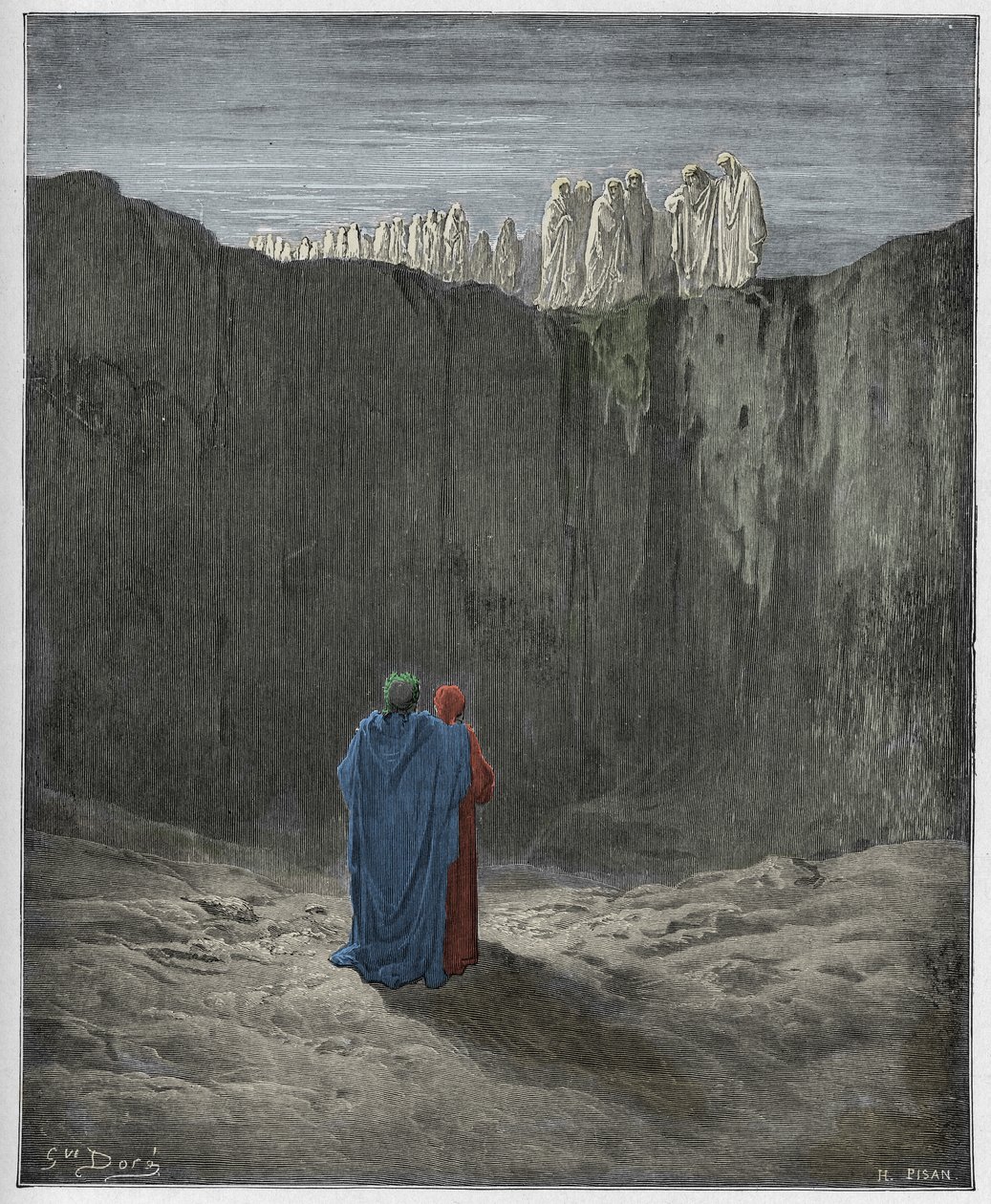 Purgatorio ، كانتو 3: صحبة النفوس على الجرف ، توضيح من الكوميديا الإلهية لدانتي أليغييري ، 1885 (نقش ملون رقميًا) بواسطة غوستاف بعد دوري