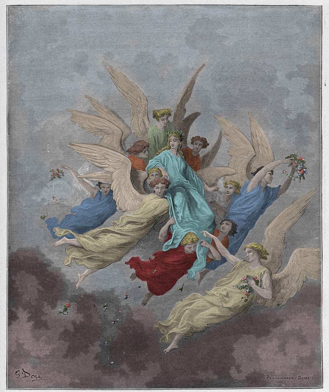 Purgatorio ، كانتو 30: بياتريس بين الملائكة ، رسم توضيحي من الكوميديا الإلهية لدانتي أليغييري ، 1885 (نقش ملون رقميًا) بواسطة غوستاف بعد دوري