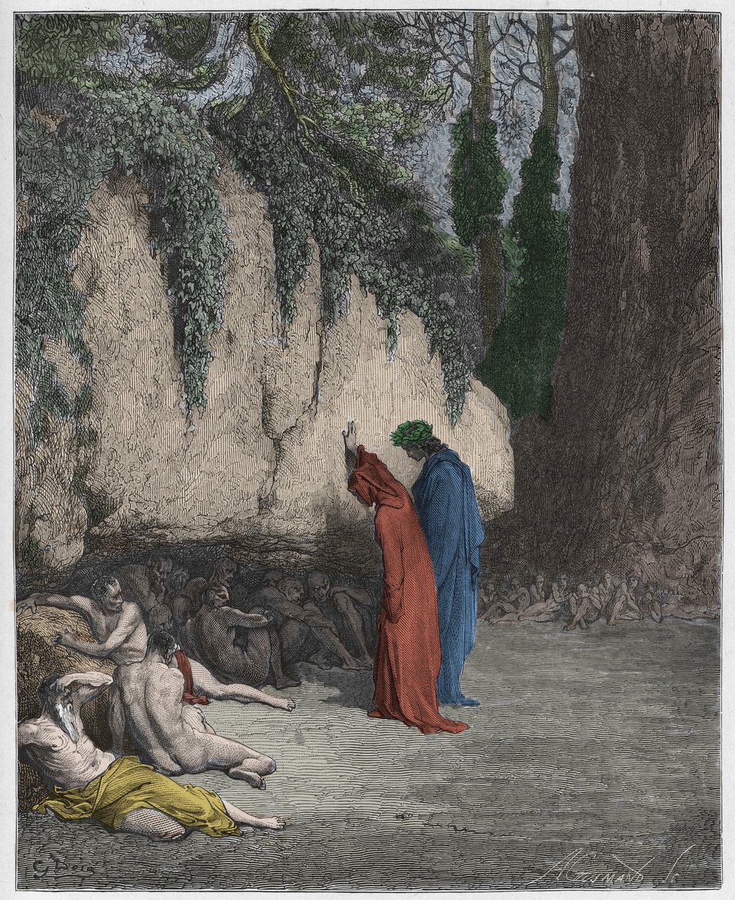 Purgatorio ، كانتو 4: النفوس البطيئة بجانب الصخرة ، توضيح من الكوميديا الإلهية لدانتي أليغييري ، 1885 (نقش ملون رقميًا) بواسطة غوستاف بعد دوري