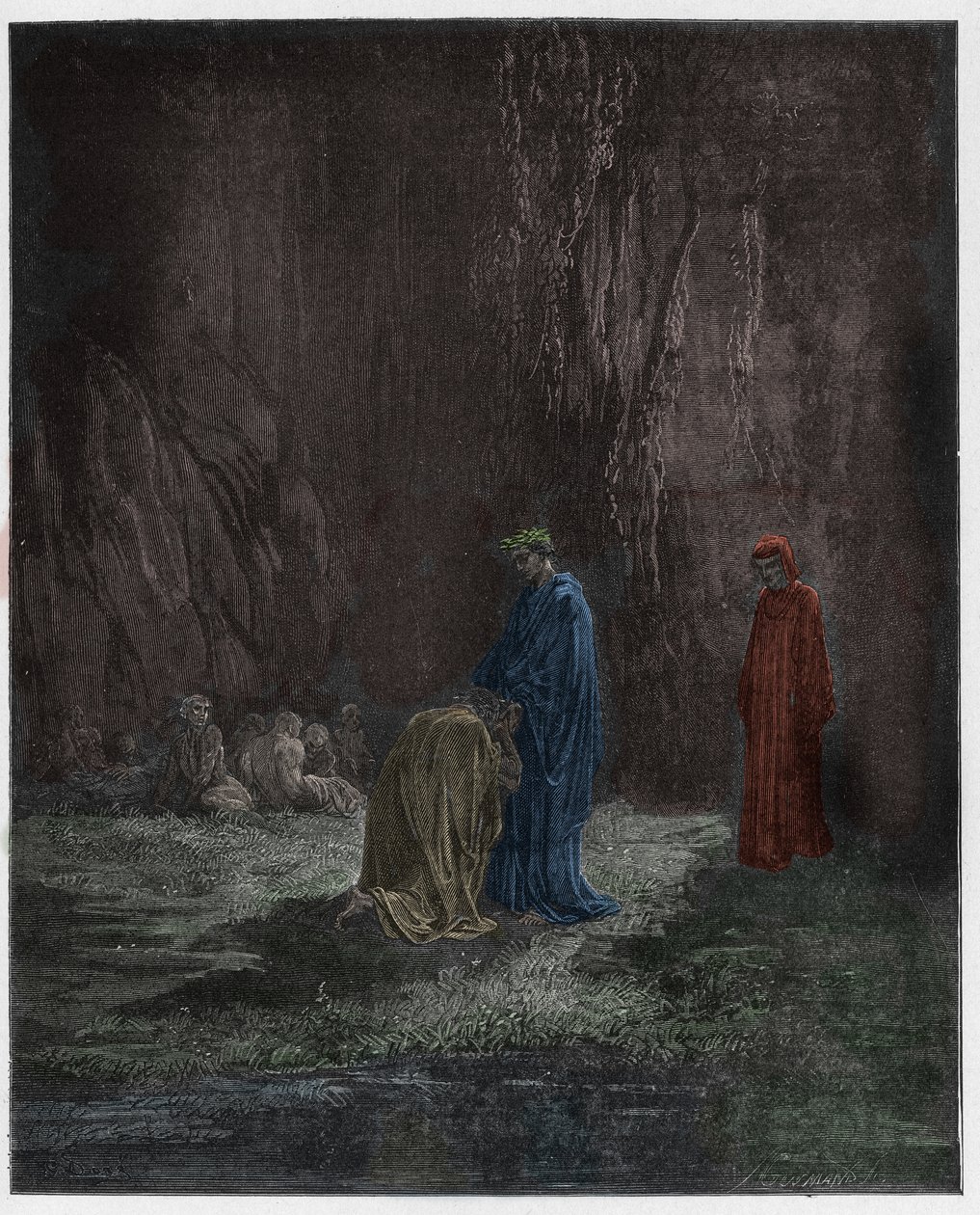 Purgatorio ، كانتو 7: الشاعر سورديلو ، المدهش ، الركوع أمام فيرجيل ، التوضيح من الكوميديا الإلهية من دانتي أليغييري ، 1885 (نقش ملون رقميًا) بواسطة غوستاف بعد دوري