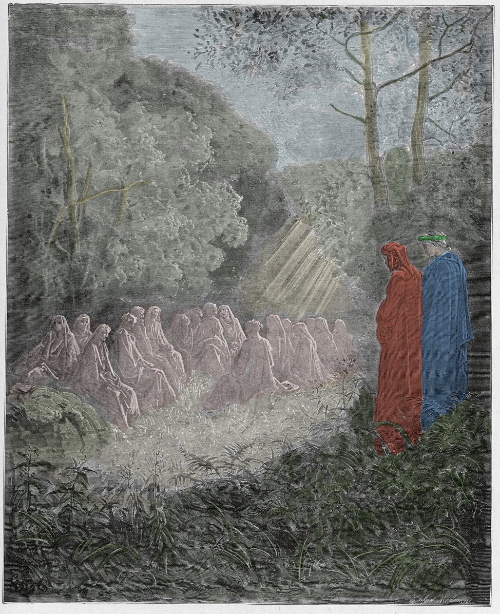 Purgatorio ، كانتو 7: الأرواح تغني Salve Regina في dell ، رسم توضيحي من الكوميديا الإلهية بواسطة Dante Alighieri ، 1885 (نقش ملون رقميًا) بواسطة غوستاف بعد دوري