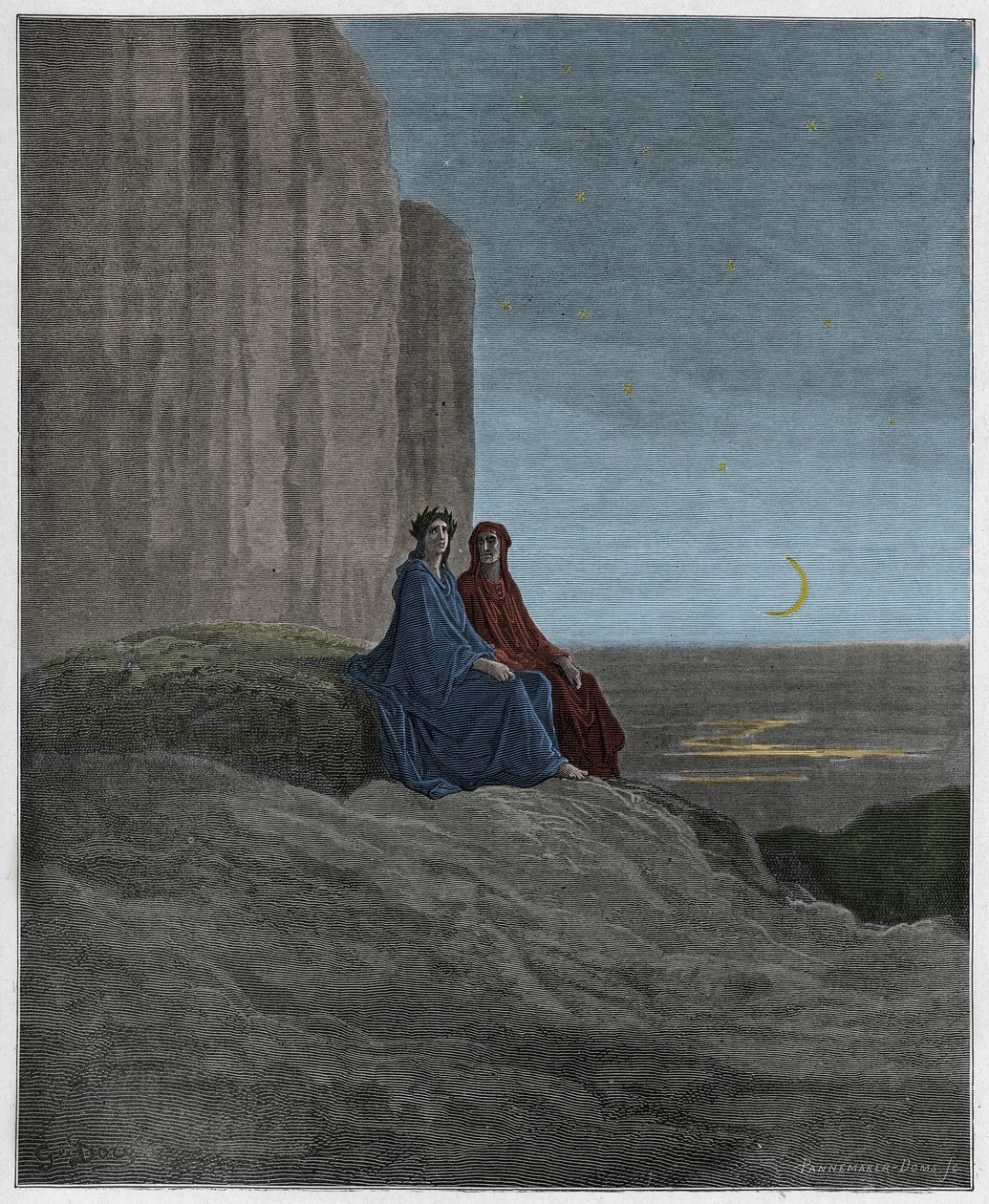 Purgatorio ، كانتو 9: الشفق ، التوضيح من الكوميديا الإلهية بواسطة دانتي أليغييري ، 1885 (النقش الملون رقميا) بواسطة غوستاف بعد دوري