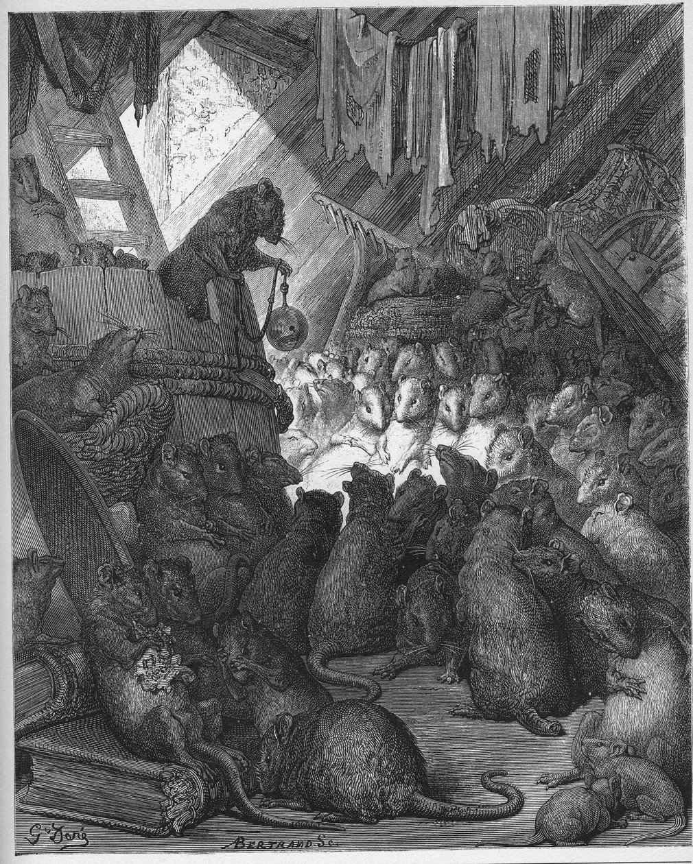 عقد المجلس من قبل الفئران - The Mice in Council - من "Fables" بواسطة Jean de La Fontaine (Lafontaine) (1621-95) - نقش بعد Gustave Dore (1832-1883) - مجموعة خاصة بواسطة غوستاف (بعد) دوري
