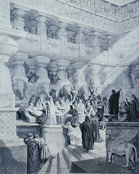 دانيال يفسر الكتابة على الحائط ، نقشها أ. ليني ، حوالي 1868 (نقش) بواسطة غوستاف (بعد) دوري