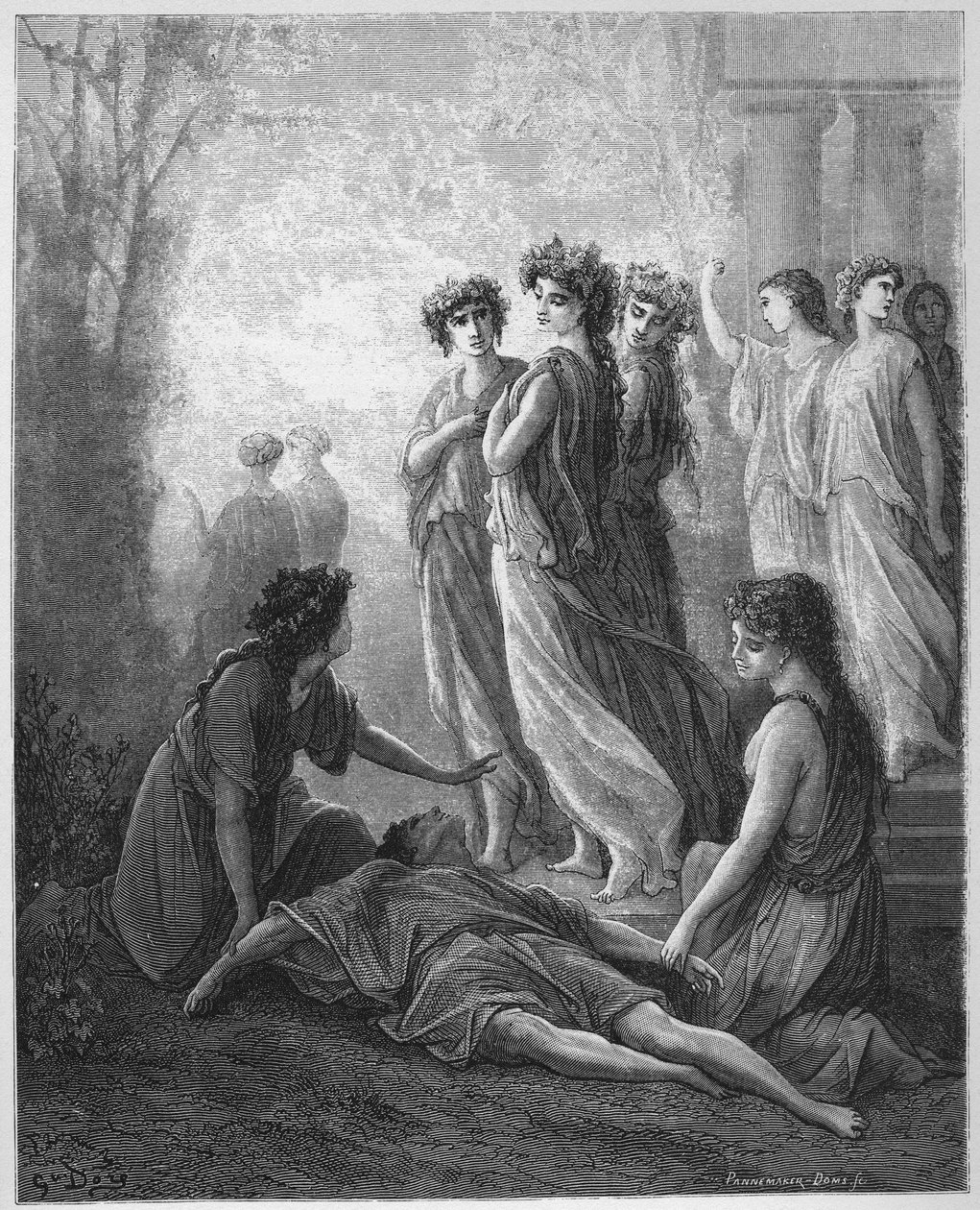 Daphnis et Alcimadure - Daphnis and Alcimaduro - من "Fables" بواسطة Jean de La Fontaine (Lafontaine) (1621-95) - نقش بعد Gustave Dore (1832-1883) - مجموعة خاصة بواسطة غوستاف (بعد) دوري