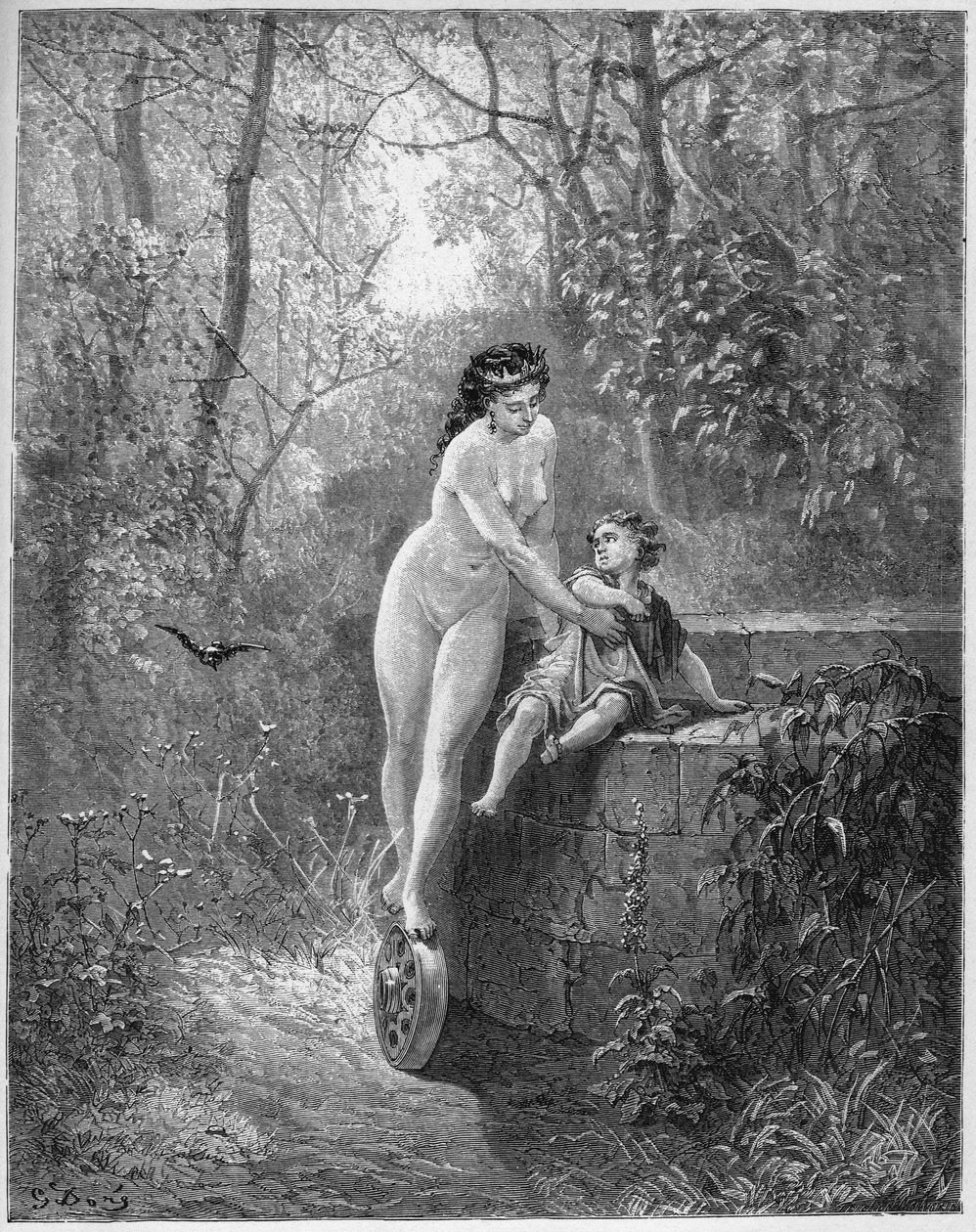 La Fortune et le jeune Enfant - The Goddess Fortune تنقذ الطفل الصغير من البئر - من "Fables" بواسطة Jean de La Fontaine (Lafontaine) (1621-95) - نقش بعد Gustave Dore (1832-1883) - مجموعة خاصة بواسطة غوستاف (بعد) دوري