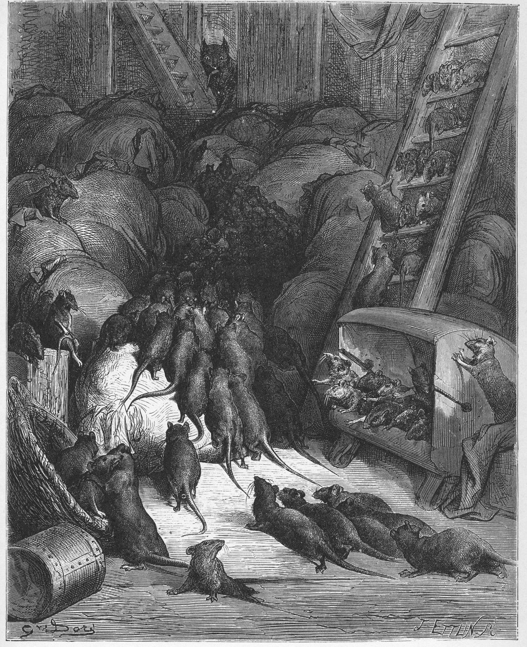 La Ligue des rats - The League Of Rats - من "Fables" بواسطة Jean de La Fontaine (Lafontaine) (1621-95) - engravin بعد Gustave Dore (1832-83) - مجموعة خاصة بواسطة غوستاف (بعد) دوري