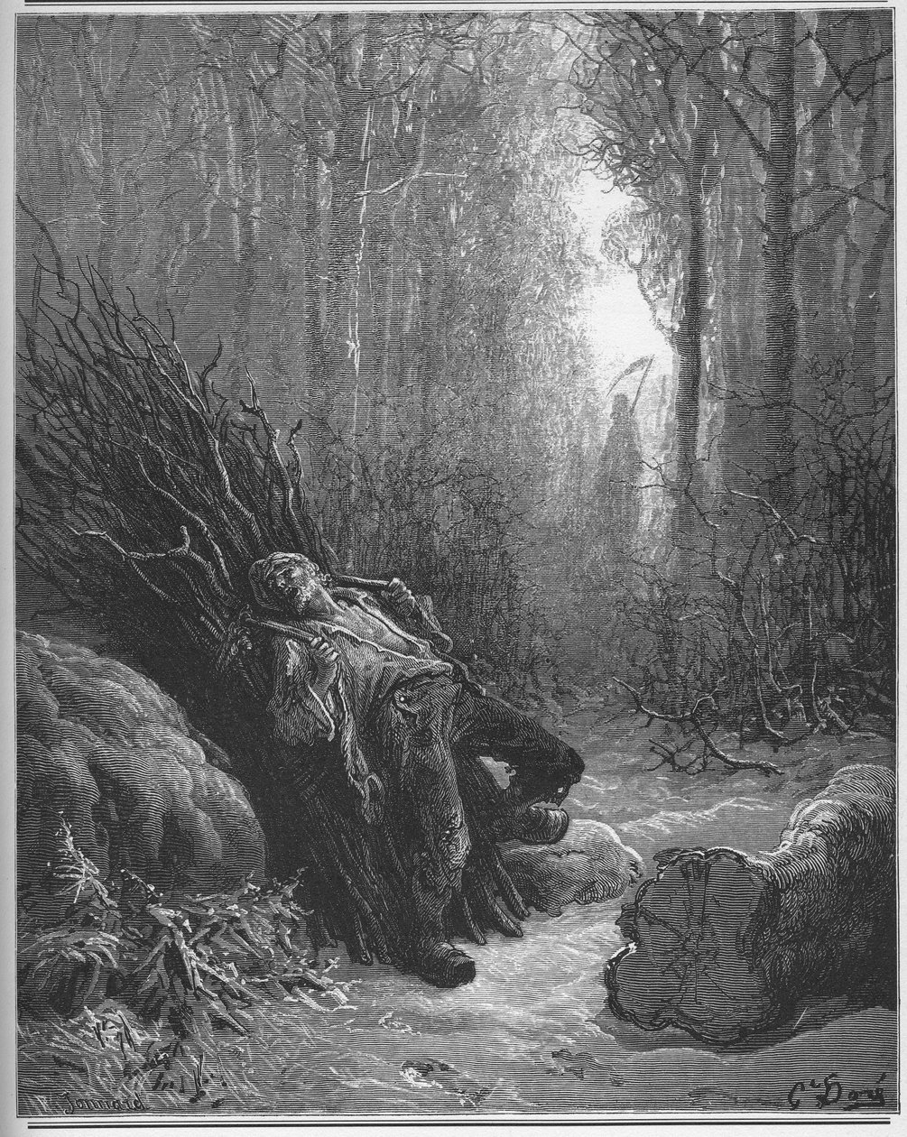 La Mort et le bucheron - الموت والحطاب - من "الخرافات" لجين دي لافونتين (لافونتين) (1621-95) - نقش بعد غوستاف دوري (1832-1883) - مجموعة خاصة بواسطة غوستاف (بعد) دوري