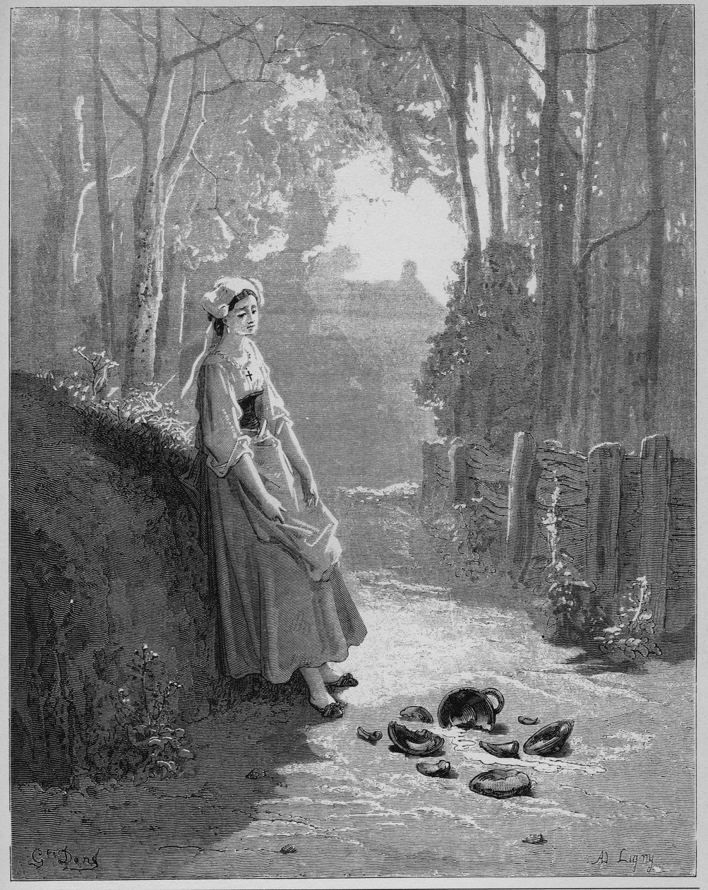 La laitiere et le pot a lait - The Milkmaid and her pail - من "Fables" بواسطة Jean de La Fontaine (Lafontaine) (1621-95) - engravin بعد Gustave Dore (1832-1883) - مجموعة خاصة بواسطة غوستاف (بعد) دوري