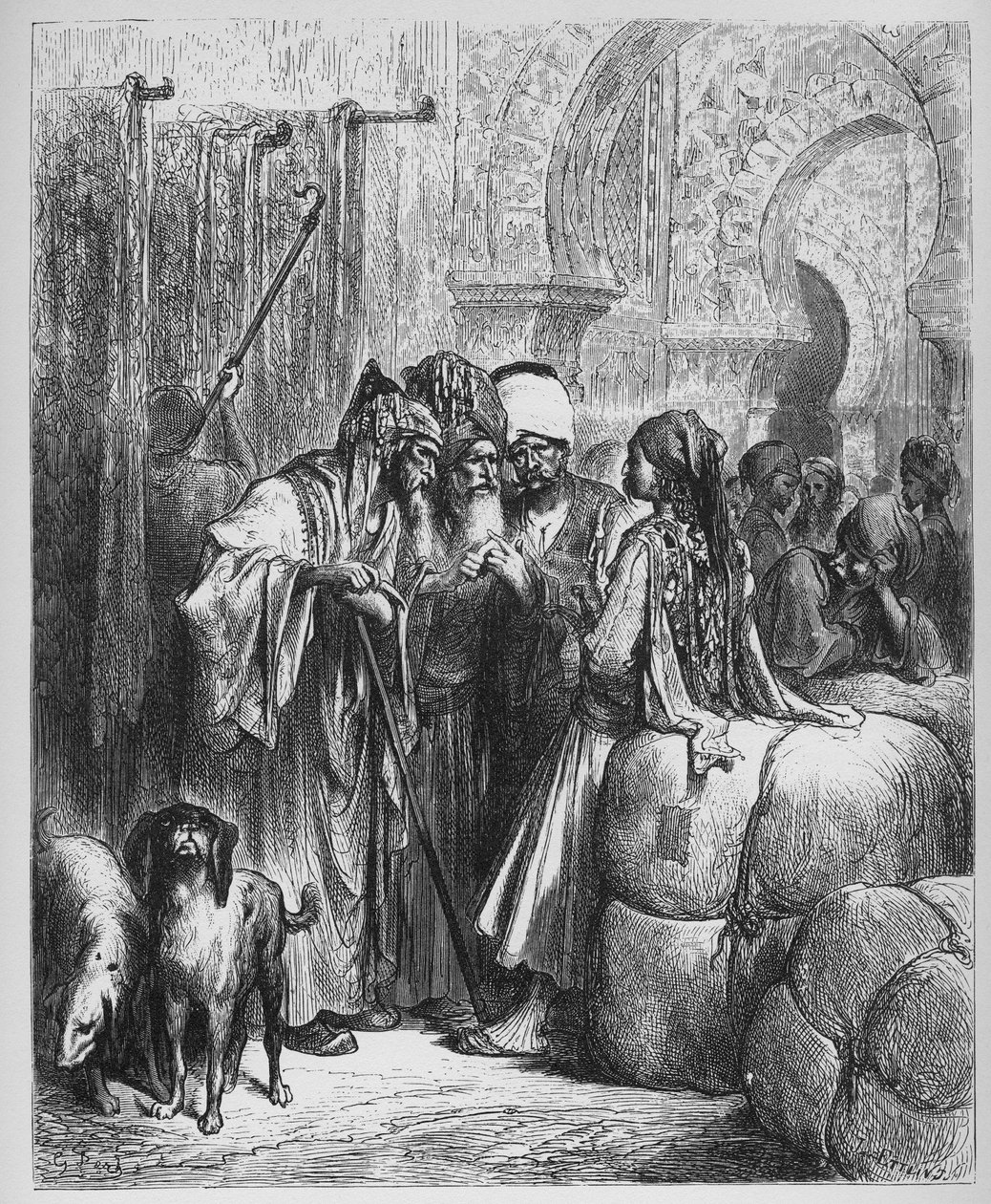 Le Bassa (pasha) et le Marchand - من "Fables" بواسطة Jean de La Fontaine (Lafontaine) (1621-95) - نقش بعد Gustave Dore (1832-1883) - مجموعة خاصة بواسطة غوستاف (بعد) دوري