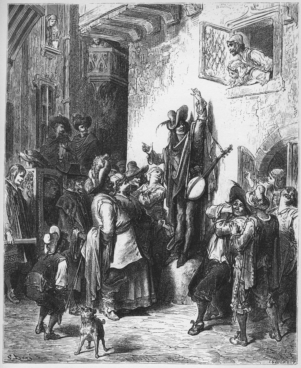 الأحمق الذي يبيع الحكمة - الأحمق الذي يبيع الحكمة - من "الخرافات" لجين دي لافونتين (لافونتين) (1621-95) - إنجرافين بعد غوستاف دوري (1832-1883) - مجموعة خاصة بواسطة غوستاف (بعد) دوري