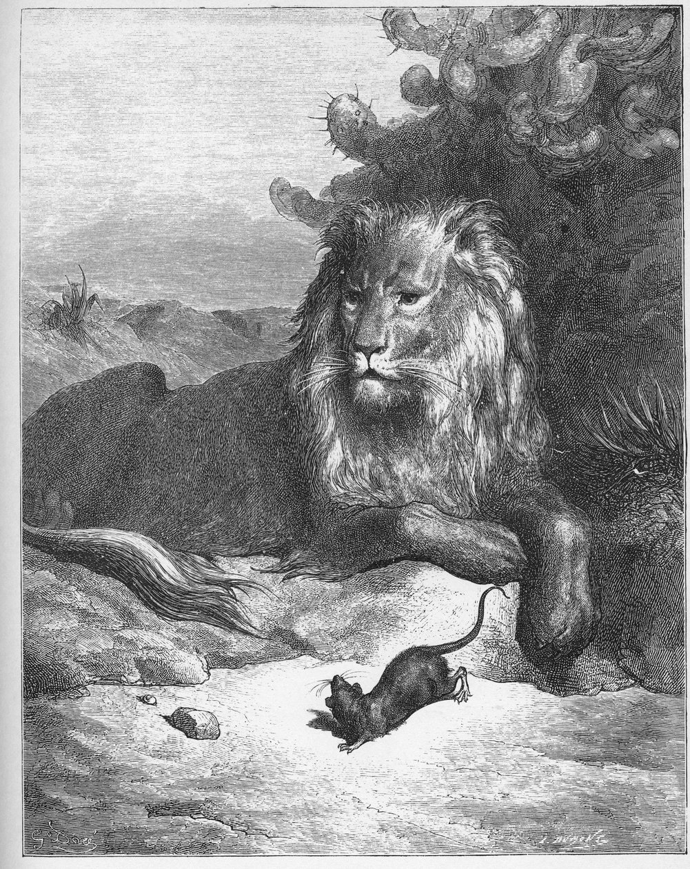 Le lion et le rat - الأسد والفأر - من "الخرافات" لجين دي لافونتين (لافونتين) (1621-95) - نقش بعد غوستاف دوري (1832-1883) - مجموعة خاصة بواسطة غوستاف (بعد) دوري