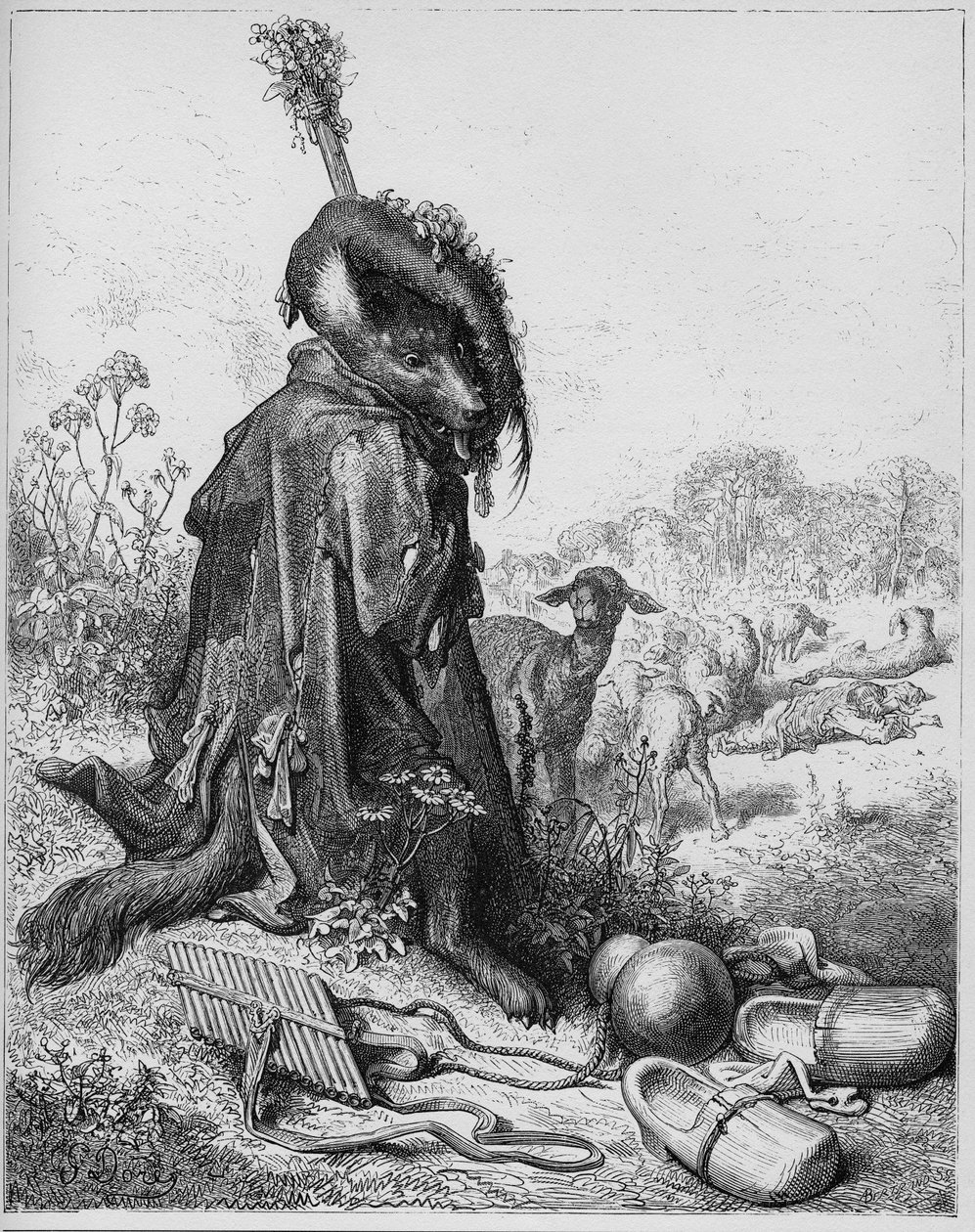 أصبح الذئب راعيًا - الذئب الذي لعب دور الراعي - من "الخرافات" لجين دي لافونتين (لافونتين) (1621-95) - نقش بعد غوستاف دوري (1832-1883) - مجموعة خاصة بواسطة غوستاف (بعد) دوري