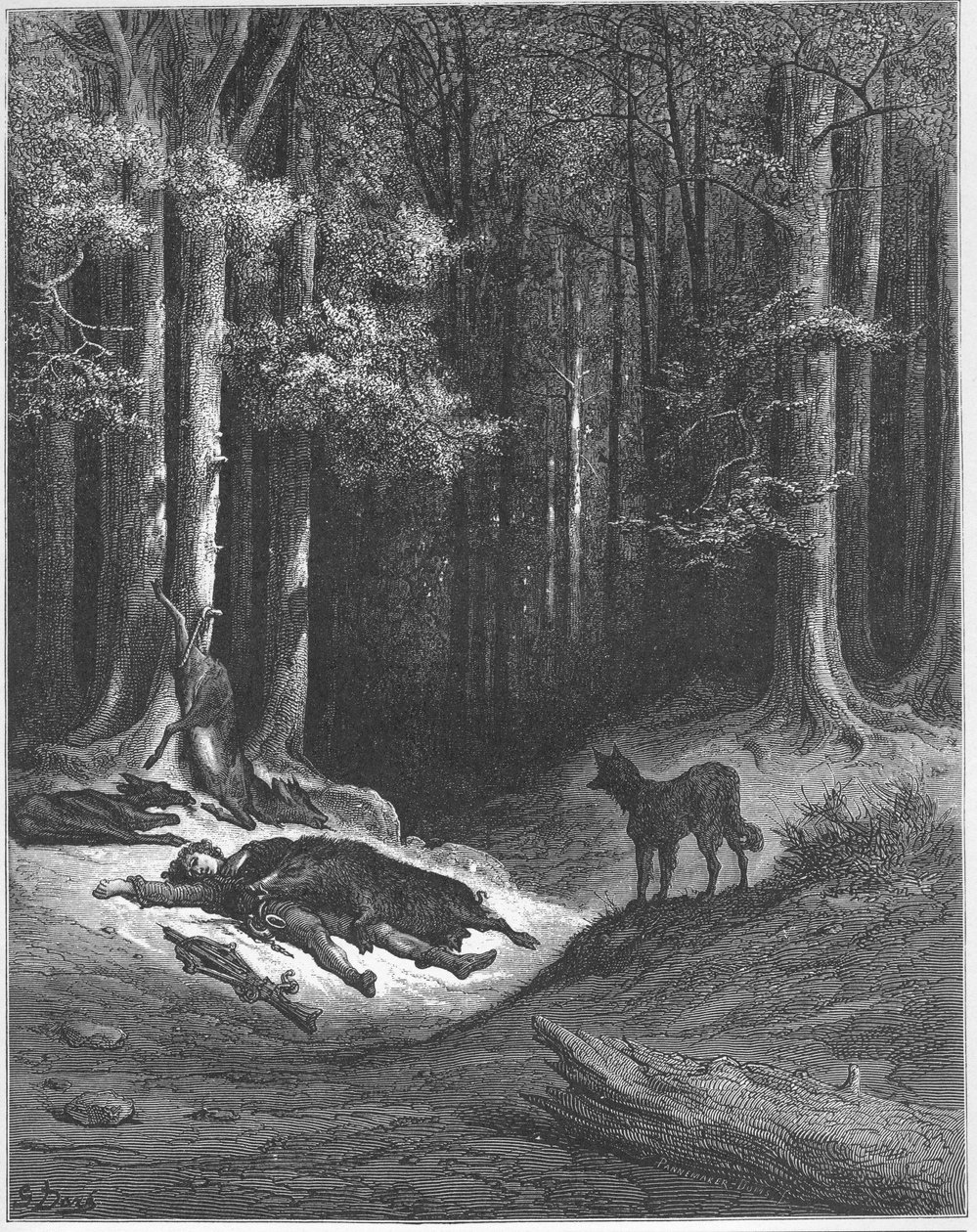 Le loup et le chasseur - الذئب والصياد - من "الخرافات" لجين دي لافونتين (لافونتين) (1621-95) - إنجرافين بعد غوستاف دوري (1832-1883) - مجموعة خاصة بواسطة غوستاف (بعد) دوري