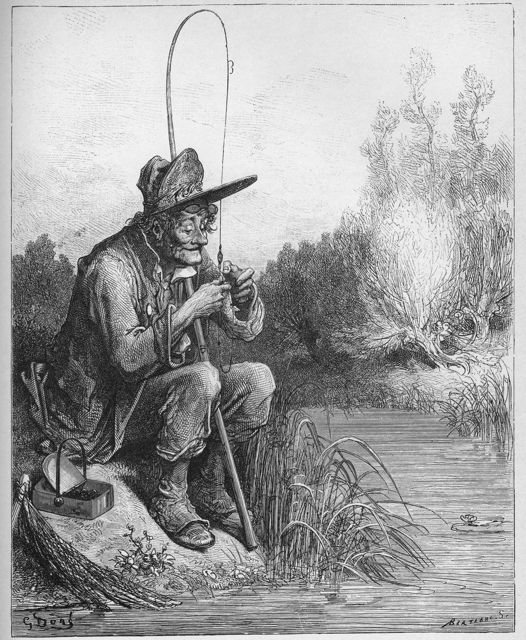 Le petit poisson et le pecheur - الصياد والسمكة الصغيرة - من "الخرافات" لجين دي لافونتين (لافونتين) (1621-95) - إنجرافين بعد غوستاف دوري (1832-1883) - مجموعة خاصة بواسطة غوستاف (بعد) دوري
