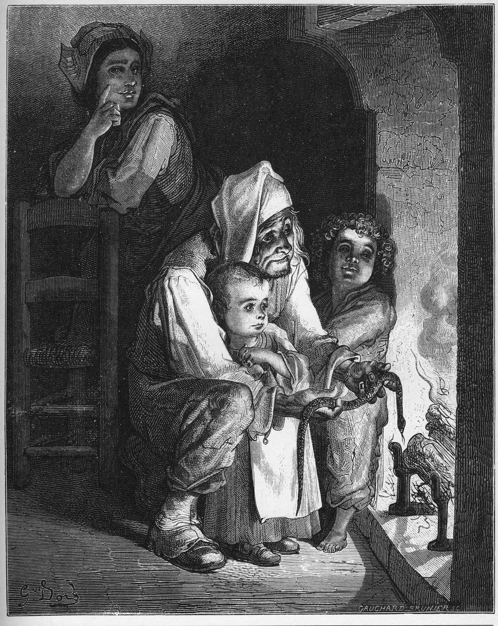 Le Villois et le Serpent - The Farmer and the Viper - من "Fables" بواسطة Jean de La Fontaine (Lafontaine) (1621-95) - نقش بعد Gustave Dore (1832-1883) - مجموعة خاصة بواسطة غوستاف (بعد) دوري