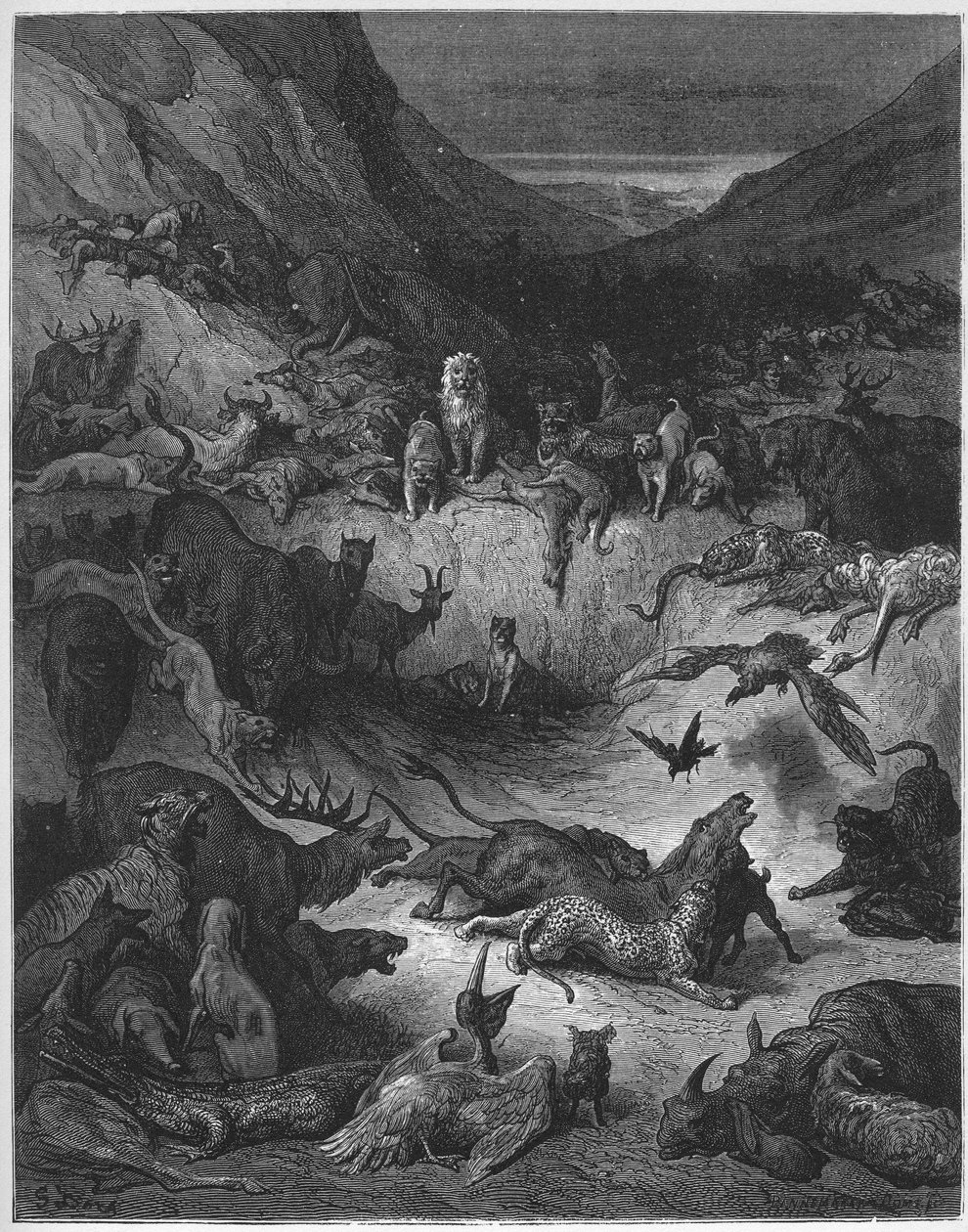 Les Animaux maladie de la Pleste - الحيوانات المريضة بالطاعون - من "الخرافات" لجين دي لافونتين (لافونتين) (1621-95) - نقش بعد غوستاف دوري (1832-1883) - مجموعة خاصة بواسطة غوستاف (بعد) دوري