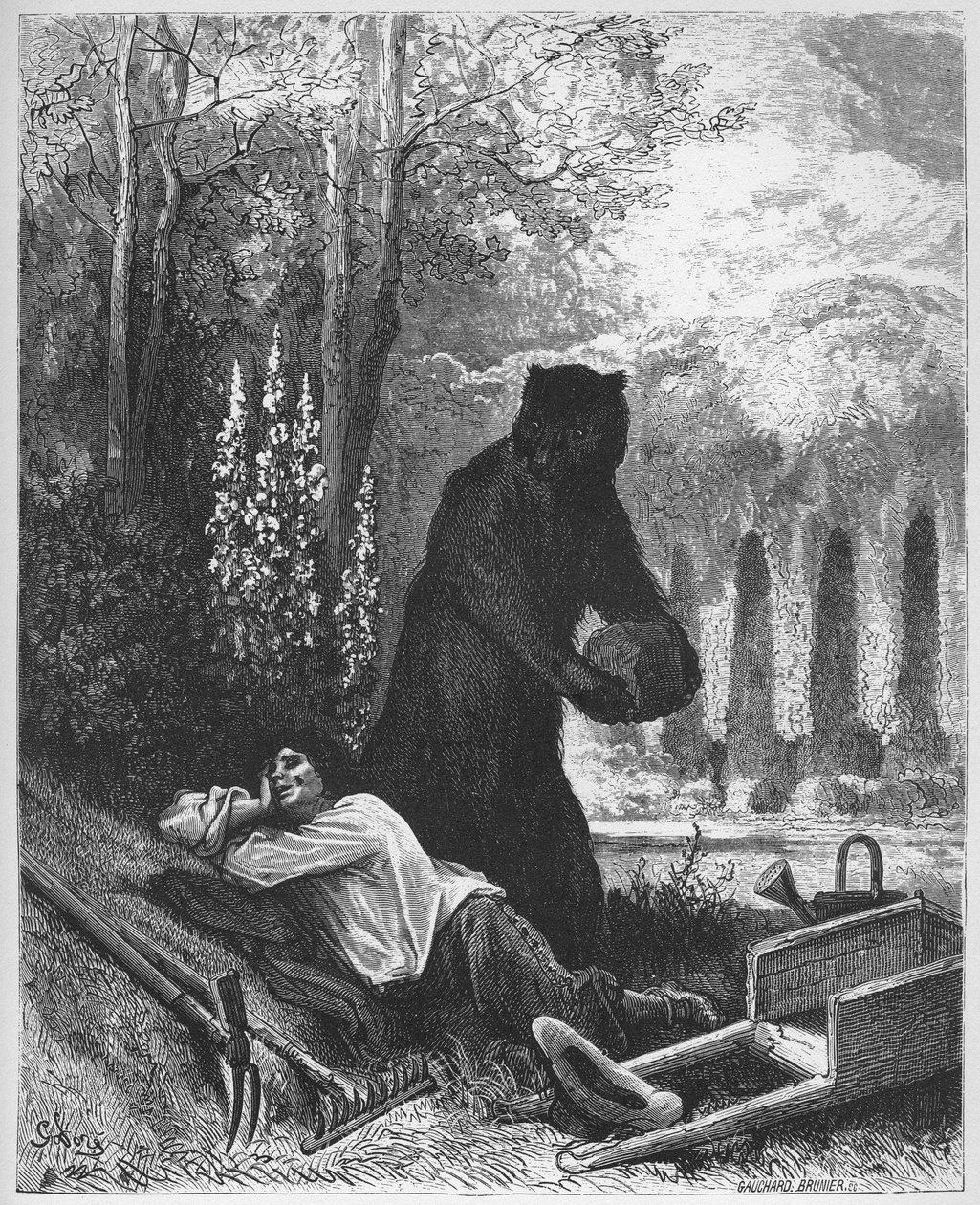 The Bear and the Garden Lover - The Bear and the Gardener - من "الخرافات" لجين دي لافونتين (لافونتين) (1621-95) - إنجرافين بعد غوستاف دوري (1832-1883) - مجموعة خاصة بواسطة غوستاف (بعد) دوري