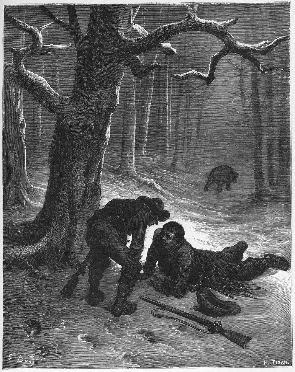 L'ours et les deux Compagnons - The Bear and the Travellers - من "Fables" بقلم جان دي لافونتين (لافونتين) (1621-95) - إنجرافين بعد غوستاف دوري (1832-1883) - مجموعة خاصة بواسطة غوستاف (بعد) دوري