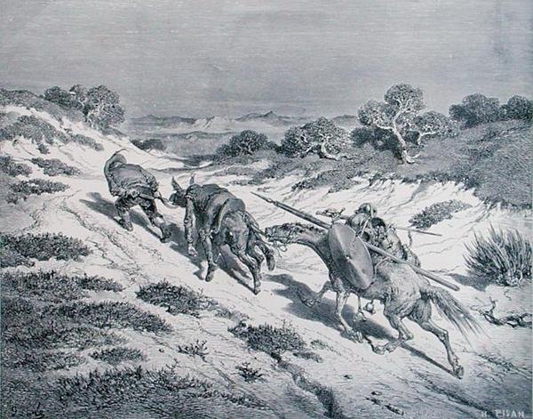 The Beaten Knight و Squire ، من 'Don Quixote de la Mancha' بقلم ميغيل سيرفانتس (1547-1616) نقش بواسطة هيليودور جوزيف بيسان (1822-90) حوالي عام 1868 (نقش) بواسطة غوستاف (بعد) دوري