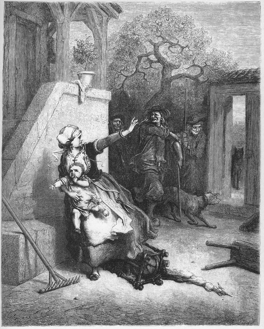 الذئب والأم وطفلها - من "الخرافات" لجين دي لافونتين (لافونتين) (1621-95) - نقش بعد غوستاف دوري (1832-1883) - مجموعة خاصة بواسطة غوستاف (بعد) دوري