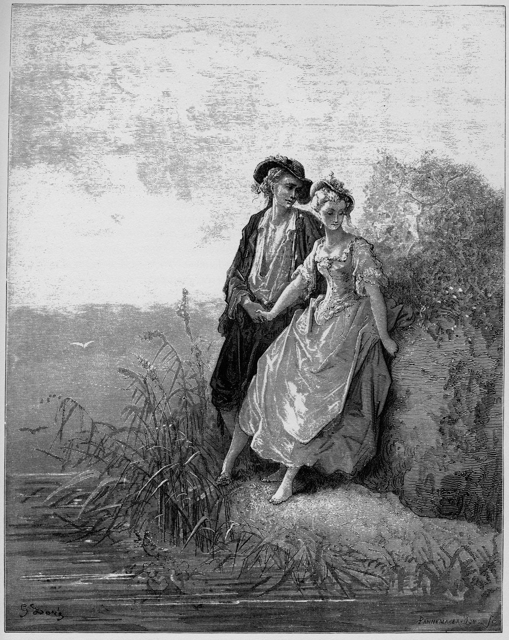 Tircis et Amarante - Tircis and Amaranth - (الراعي والراعية) - من "الخرافات" لجين دي لافونتين (لافونتين) (1621-95) - نقش بعد غوستاف دوري (1832-1883) - مجموعة خاصة بواسطة غوستاف (بعد) دوري