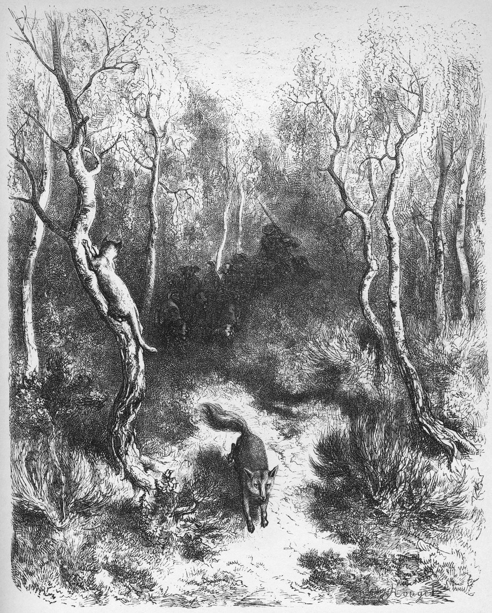 le chat et le fox - The Fox and the Cat - من "Fables" بواسطة Jean de La Fontaine (Lafontaine) (1621-95) - engravin بعد Gustave Dore (1832-1883) - مجموعة خاصة بواسطة غوستاف (بعد) دوري
