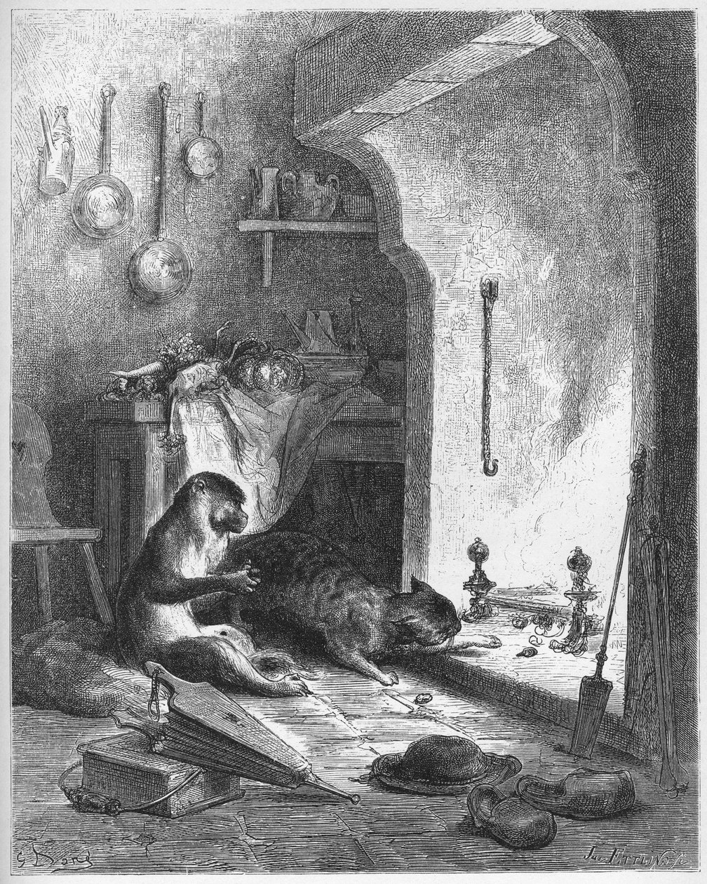 القرد والقط - من "الخرافات" لجين دي لافونتين (لافونتين) (1621-95) - نقش بعد غوستاف دوري (1832-1883) - مجموعة خاصة بواسطة غوستاف (بعد) دوري