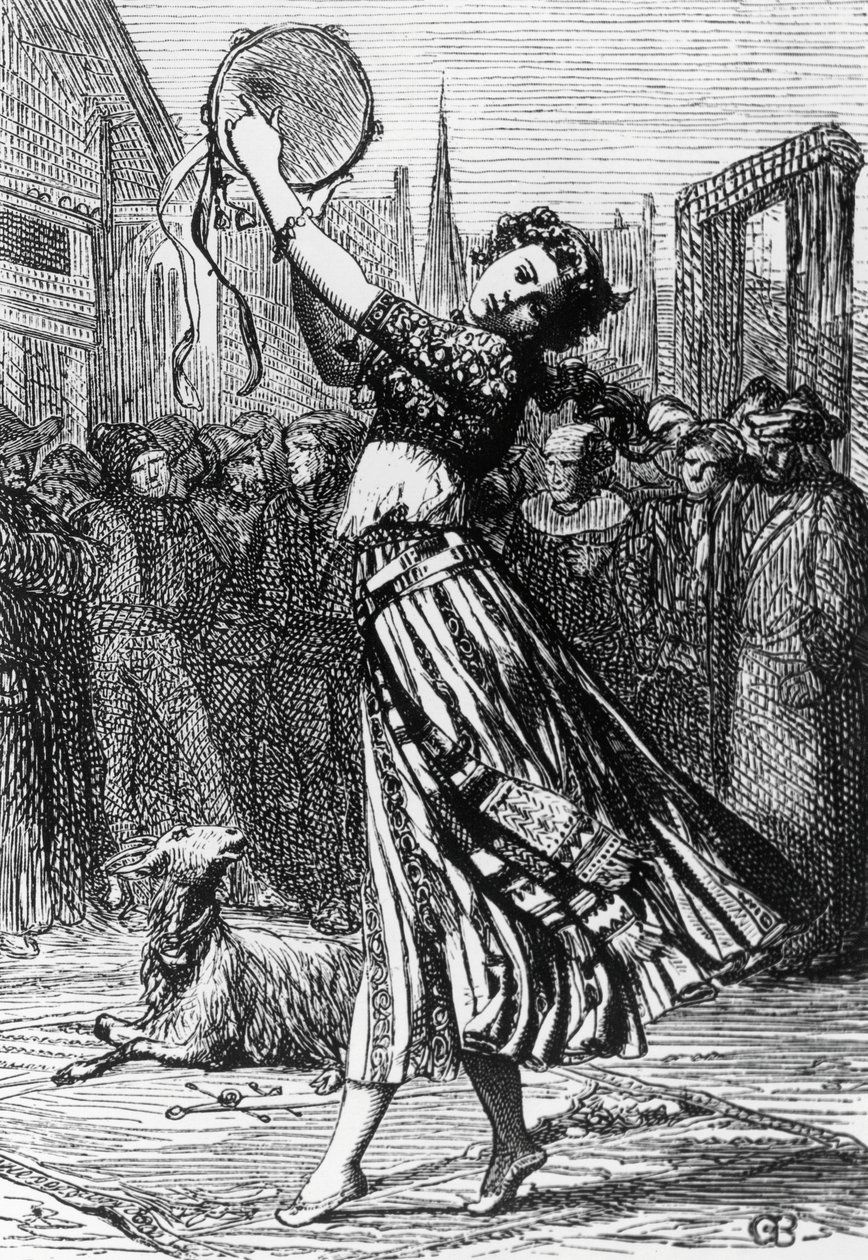 Esmeralda with her goat Djali, illustration for Hunchback of Notre-Dame, novel by Victor Hugo (1802-1885), engraving after drawing by Gustave Brion (1824-1877), published by Hetzel, Paris بواسطة غوستاف بريون