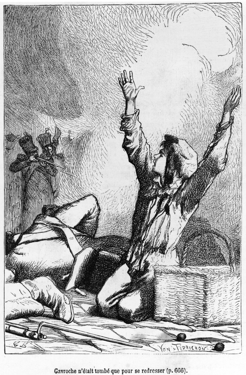 كان Gavroche قد انخفض فقط للارتفاع مرة أخرى ، التوضيح من `` Les Miserables &39;&39; بواسطة فيكتور هوغو (1802-1885) منقوش بواسطة Jules Leon Perrichon (1836-1897) بواسطة غوستاف بريون