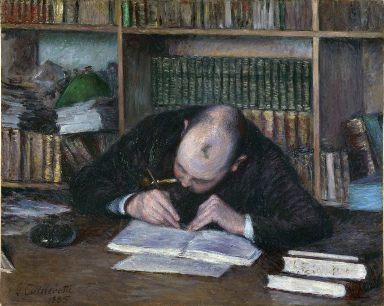 صورة إميل جان فونتين ، بائع الكتب (بائع الكتب إي جي فونتين) - رسم غوستاف كايليبوت (1848-1894) ، زيت على قماش (65 × 81 سم) بواسطة غوستاف كايليبوت
