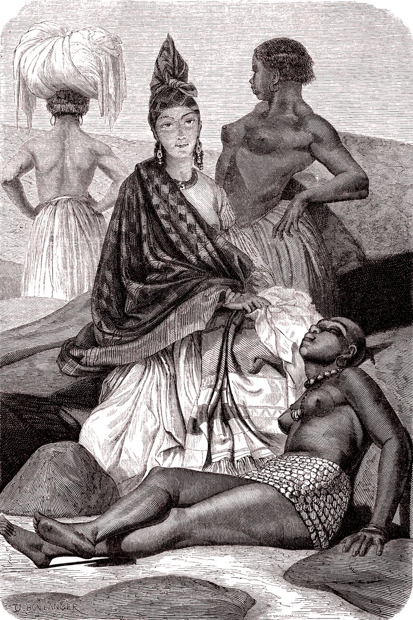 سيغناري , المرأة الإفريقية الفرنسية المولدة في جزيرة جوري بالسنغال. 1861 (نقش) بواسطة غوستاف كلارنس رودولف بولانجر