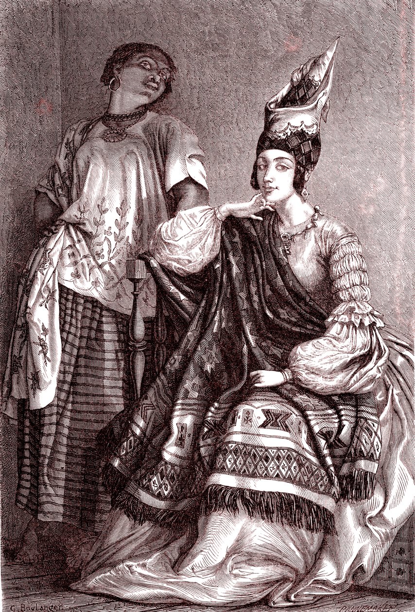 سيغناري , المرأة الأفريقية الفرنسية المولدة في مدينة سانت لويس, السنغال. 1861 (نقش) بواسطة غوستاف كلارنس رودولف بولانجر
