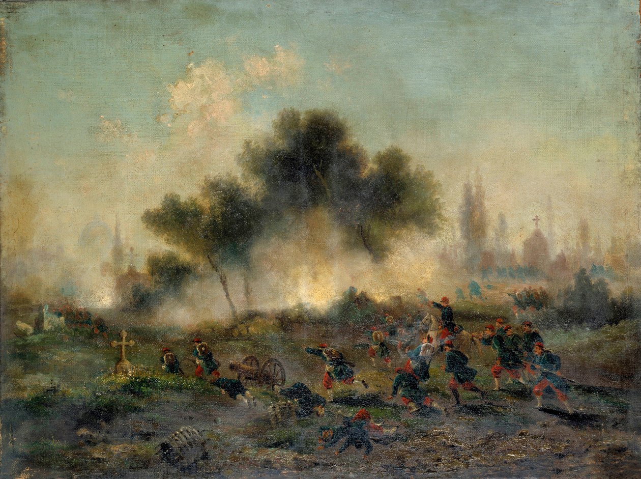 حرب عام 1870 ضد بروسيا: "" هجوم على مقبرة من قبل القوات النظامية في مايو 1871 "لوحة رسمها غوستاف بولانجر (1824-1888) 1871 صن. 0،49 × 0،65 م. باريس ، متحف كارنافاليت بواسطة غوستاف كلارنس رودولف بولانجر