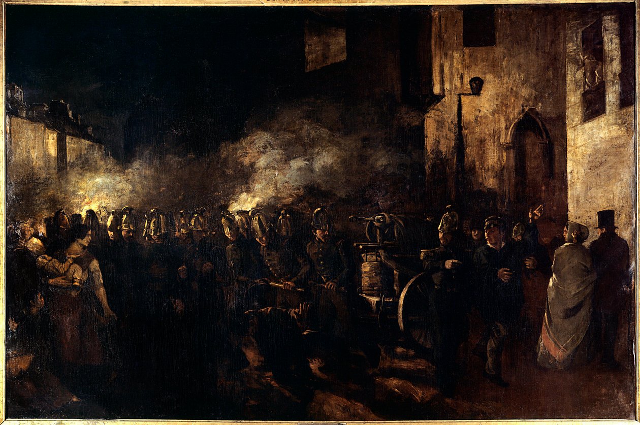 Fire fighters running a fire Painting by Gustave Courbet (1819-1877) 1850 Sun. 3,88x5,8 m Paris, Musee du petit palais بواسطة غوستاف كوربيت