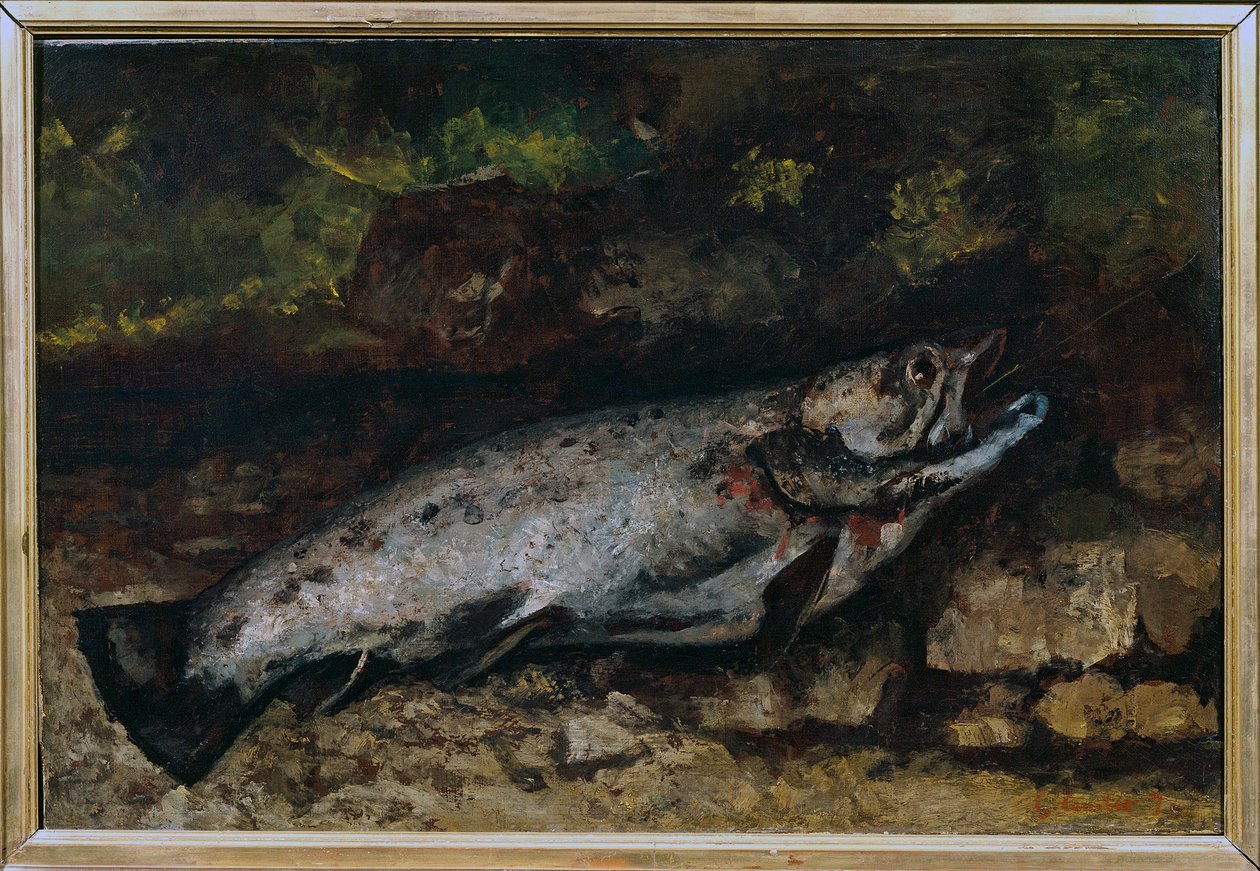سمك السلمون المرقط لا يزال حياة الأسماك. لوحة لغوستاف كوربيه (1819-1877) بواسطة غوستاف كوربيت