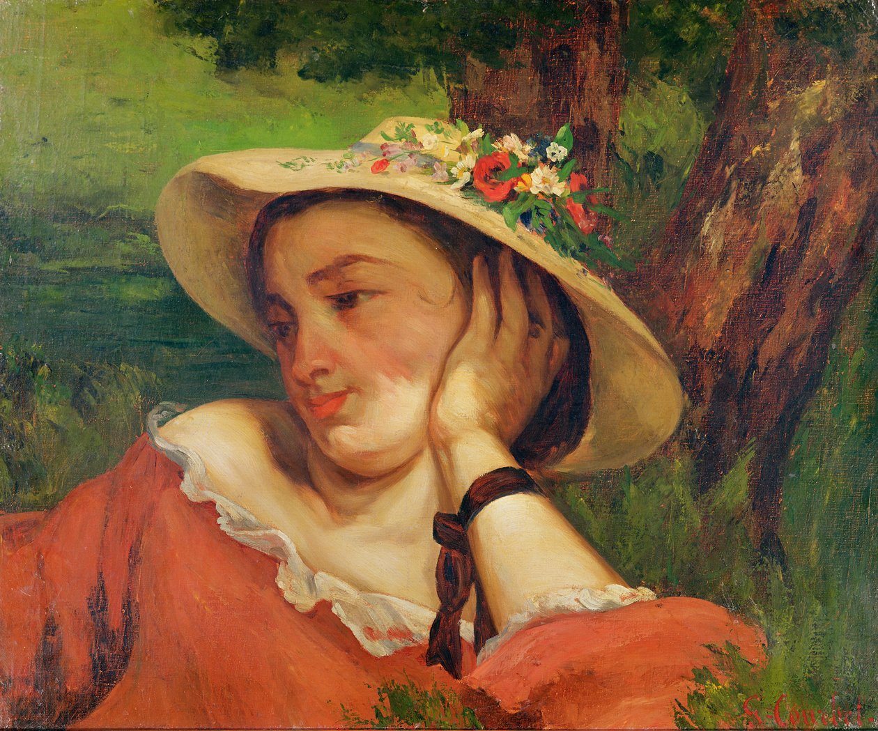 امرأة في قبعة من القش مع الزهور ، c.1857 بواسطة غوستاف كوربيت