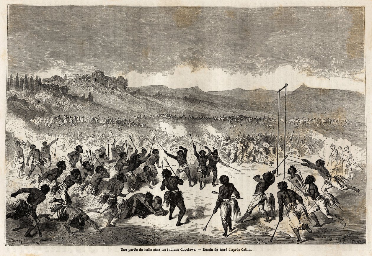 لعبة كرة بين هنود التشوكتوس ، قبيلة منطقة المسيسيبي ، رسمها غوستاف دوري (1832-1883) ، لتوضيح رحلة المسيسيبي إلى المحيط الهادئ في 1853-54 من قبل بودوين مولهاوزن (1825-1905). النقش في "" Le Tour du monde، nouveau j بواسطة غوستاف دور