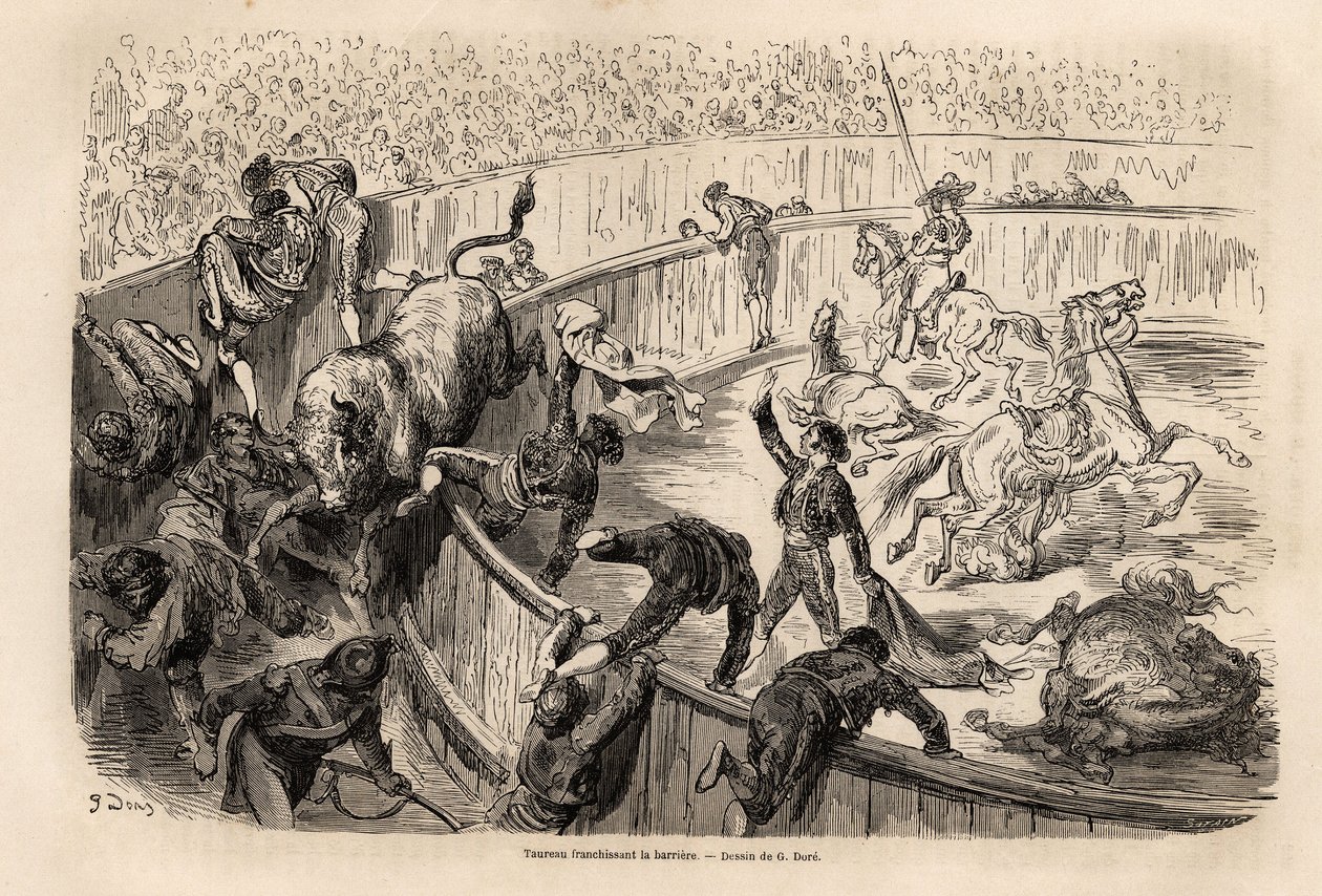 ثور يعبر الحاجز ، خلال مصارعة الثيران في فالنسيا ، رسمه غوستاف دوري (1832-1883) ، لتوضيح رحلته إلى إسبانيا ، مع سي دافيلييه ، في عام 1862. نقش في "" Le tour du monde "" ، تم تحريره بواسطة إدوارد شارتون بواسطة غوستاف دور