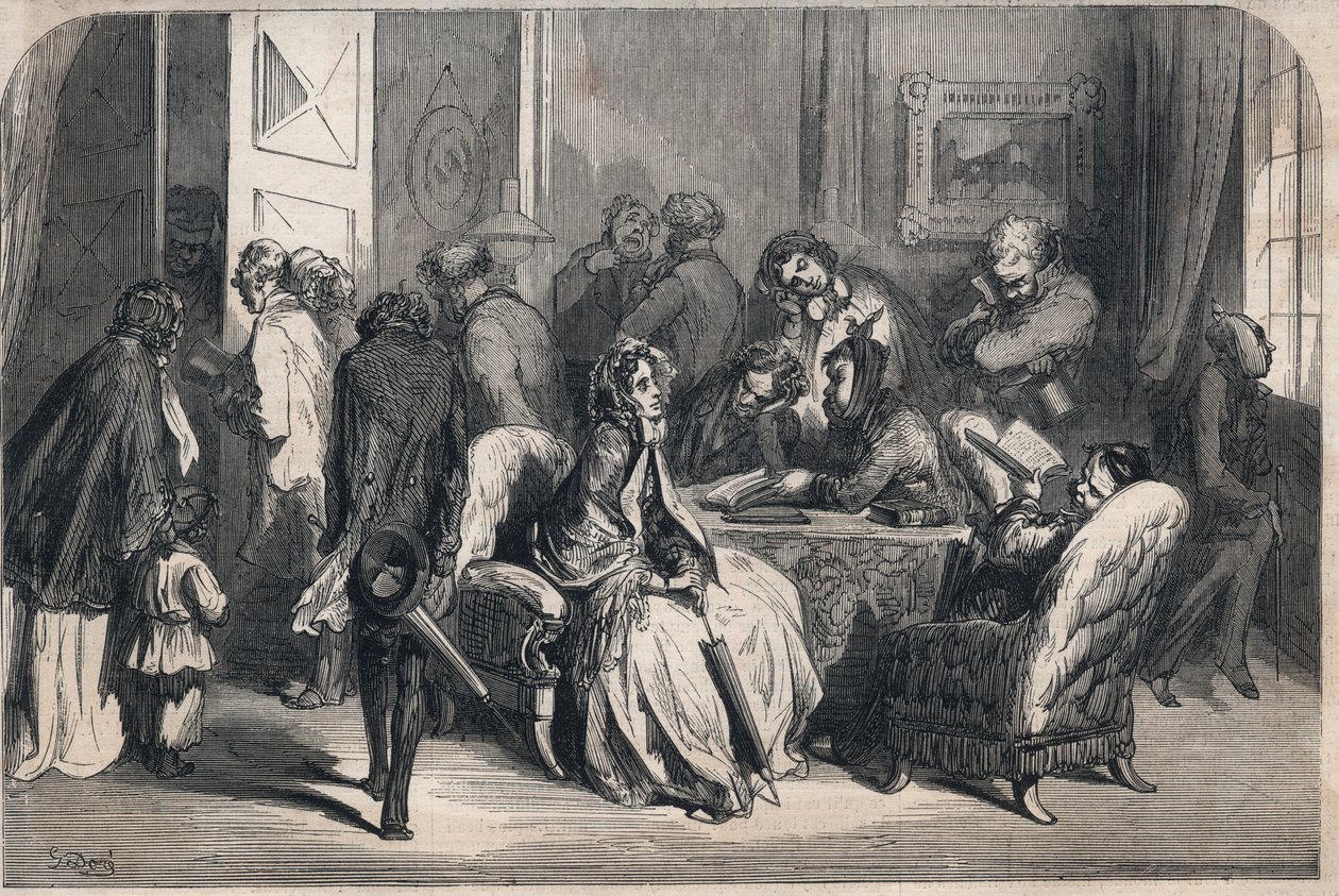 غرفة انتظار طبيب الأسنان. رسم لجوستاف دوري (1832-1883). نقش في "لوموند لامع" من ١٨٦٢. مجموعة خاصة. بواسطة غوستاف دور