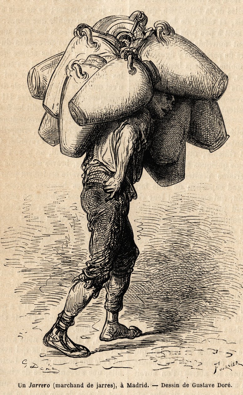 تاجر برطمانات ، رسم تخطيطي للحيوية التي تم التقاطها في مدريد. نقش لجوستاف دوري (1832-1883) لتوضيح رحلته إلى إسبانيا مع الفصل. دافيلييه (محرر) ، في عام 1862 ، نُشر في "" Le tour du monde "" "1869 ، تم تحريره بواسطة Edouard Charton ، بواسطة غوستاف دور