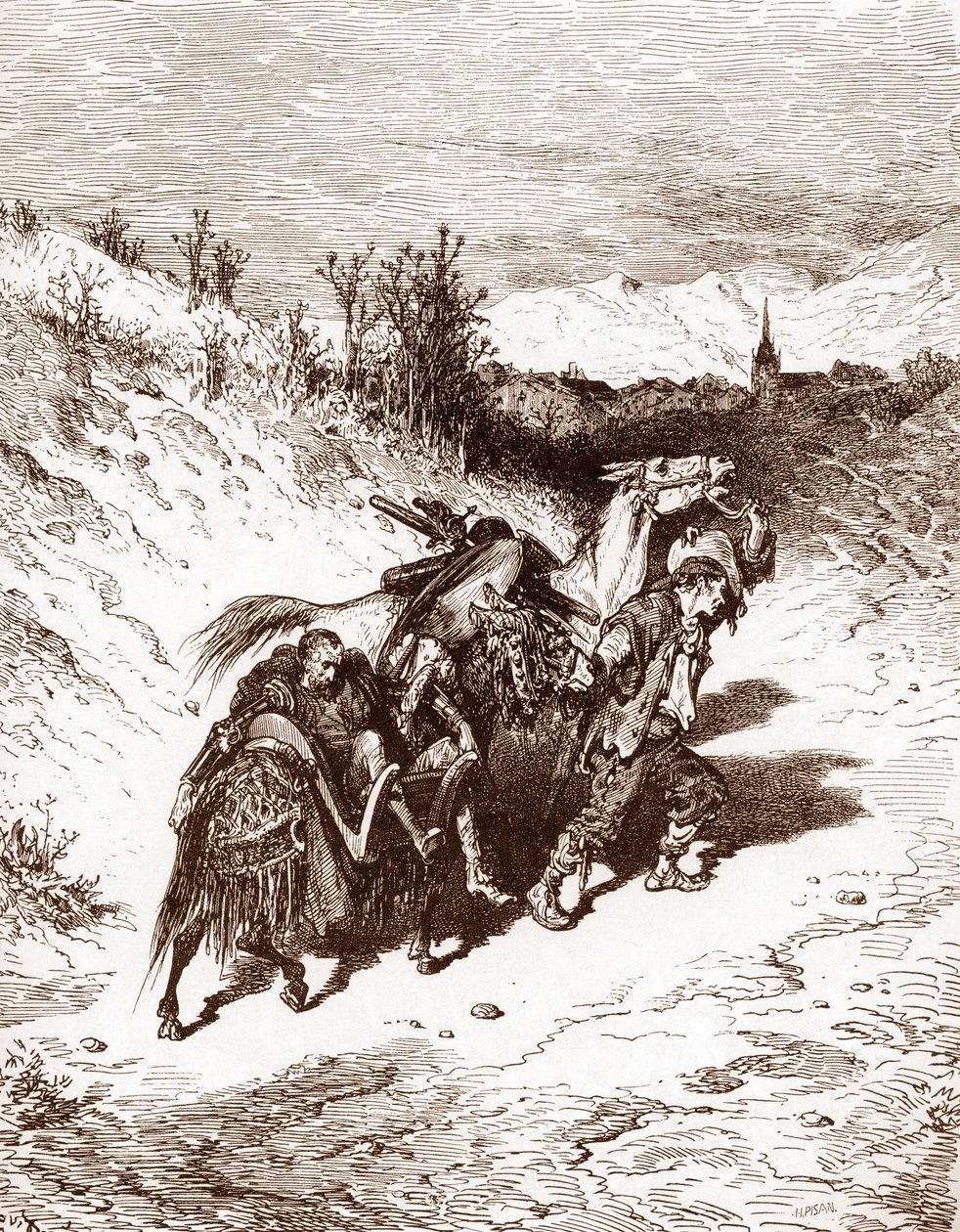 حراث من قريته يجلب كيشوت إلى المنزل نقشًا لغوستاف دور (1832-1883) لـ "L'Ingenieux Hidalgo Don Quixote de la Manche (Quixote - Quijote)" بقلم ميغيل دي سرفانتس (1547-1616) 1863 مجموعة خاصة بواسطة غوستاف دور