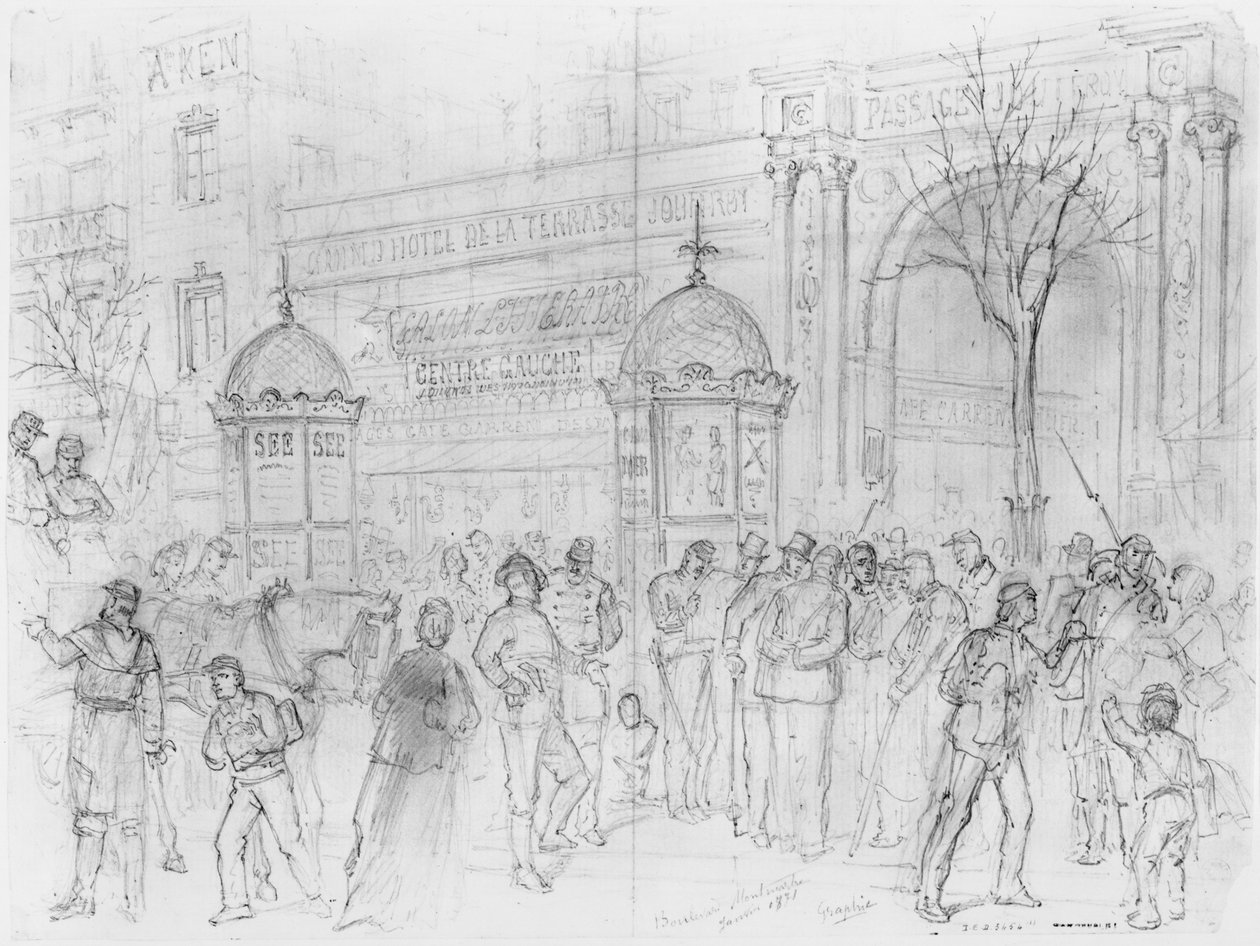 ألبوم حصار باريس ، بوليفارد مونمارتر ، يناير 1871 (قلم جاف وحبر بني وقلم رصاص على ورق) بواسطة غوستاف دور