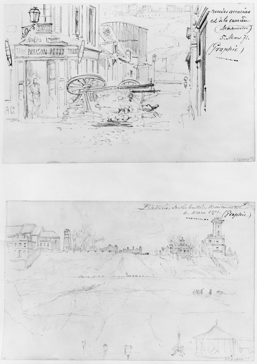 ألبوم حصار باريس ، Rue des Accacias et rue de la Carriere في الخامس من مارس 1871 ، البطاريات في Buttes Montmartre في 6 مارس 1871 (قلم جاف وحبر بني وقلم رصاص على ورق) بواسطة غوستاف دور