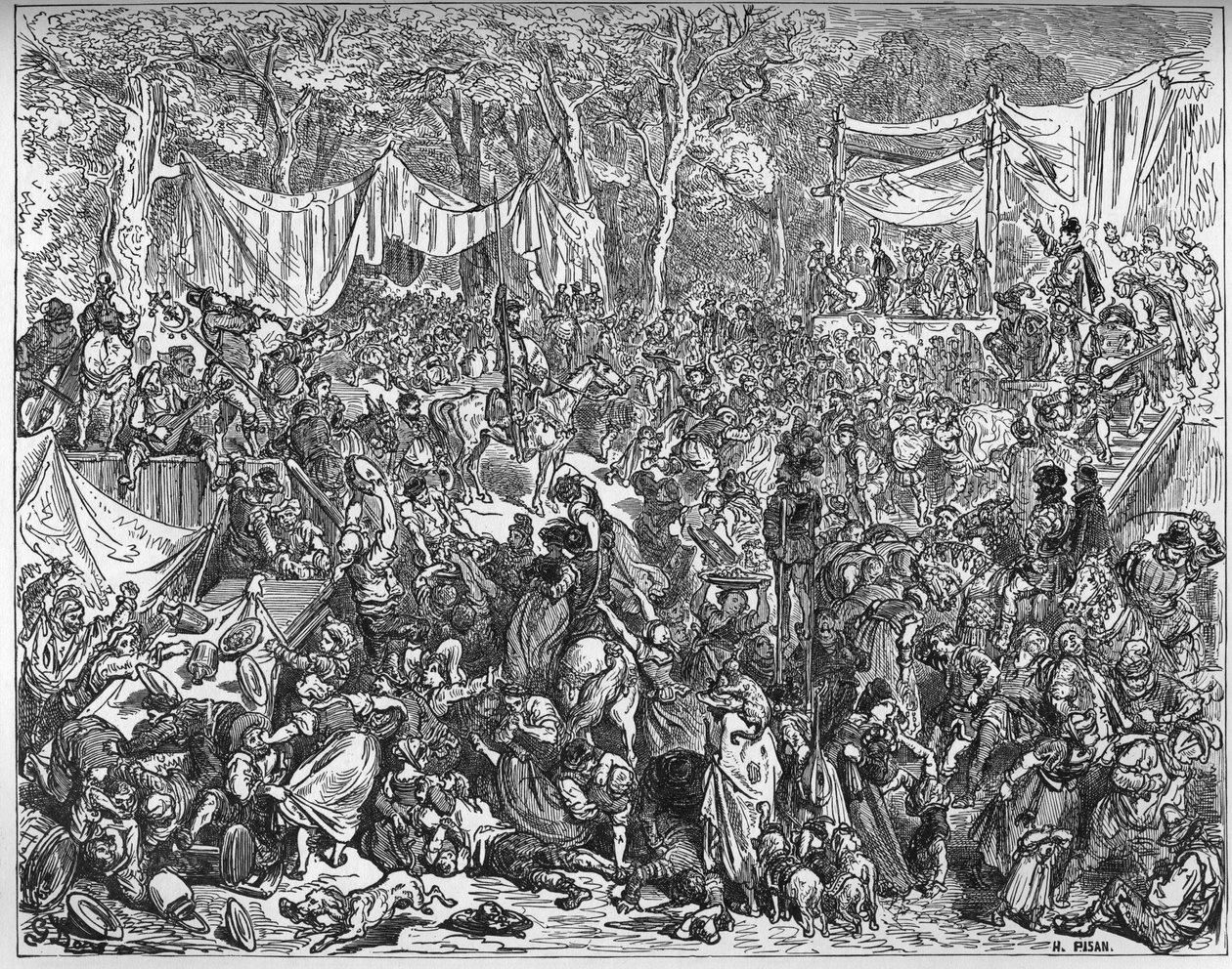 وصول دون كيشوت إلى حفل زفاف كاماتشي - من "دون كيشوت دي لا مانشا" لميغيل سيرفانتس (1547-1616) (دون كيشوت) - نقش خشبي بعد رسم غوستاف دوري بواسطة غوستاف دور