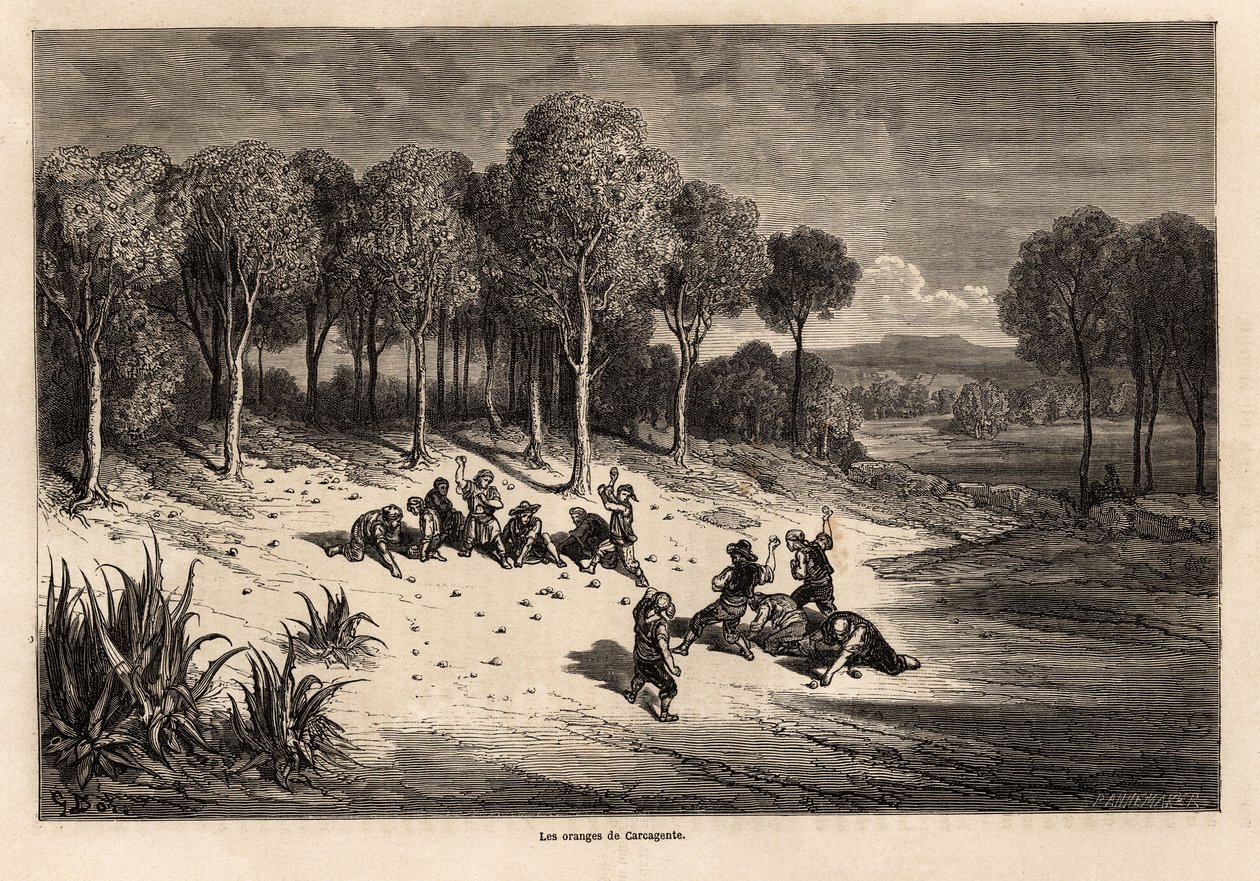 معركة البرتقال من قبل كاركاجينتي ، رسم غوستاف دوري (1832-1883) ، لتوضيح رحلته إلى إسبانيا مع سي دافيلييه ، في عام 1862. نقش في "" Le tour du monde "، تحرير إدوارد شارتون بواسطة غوستاف دور