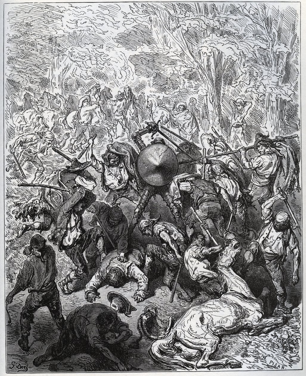 معركة مع صانعي البغال - استخدم Yangois نواديهم - من "Don Quixote de la Mancha" لميغيل سيرفانتس (1547-1616) (دون كيشوت) - نقش خشبي بعد رسم غوستاف دوري بواسطة غوستاف دور