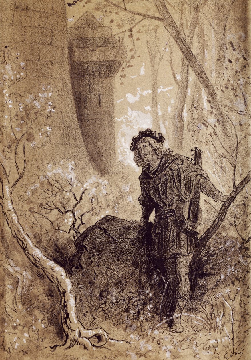 بلونديل يسمع صوت ريتشارد قلب الأسد ، رسم توضيحي لـ Gargantua و Pantagruel بواسطة Francois Rabelais (1483-1494 - 1553) ، نقش بواسطة Gustave Dore (1832-1883) بواسطة غوستاف دور